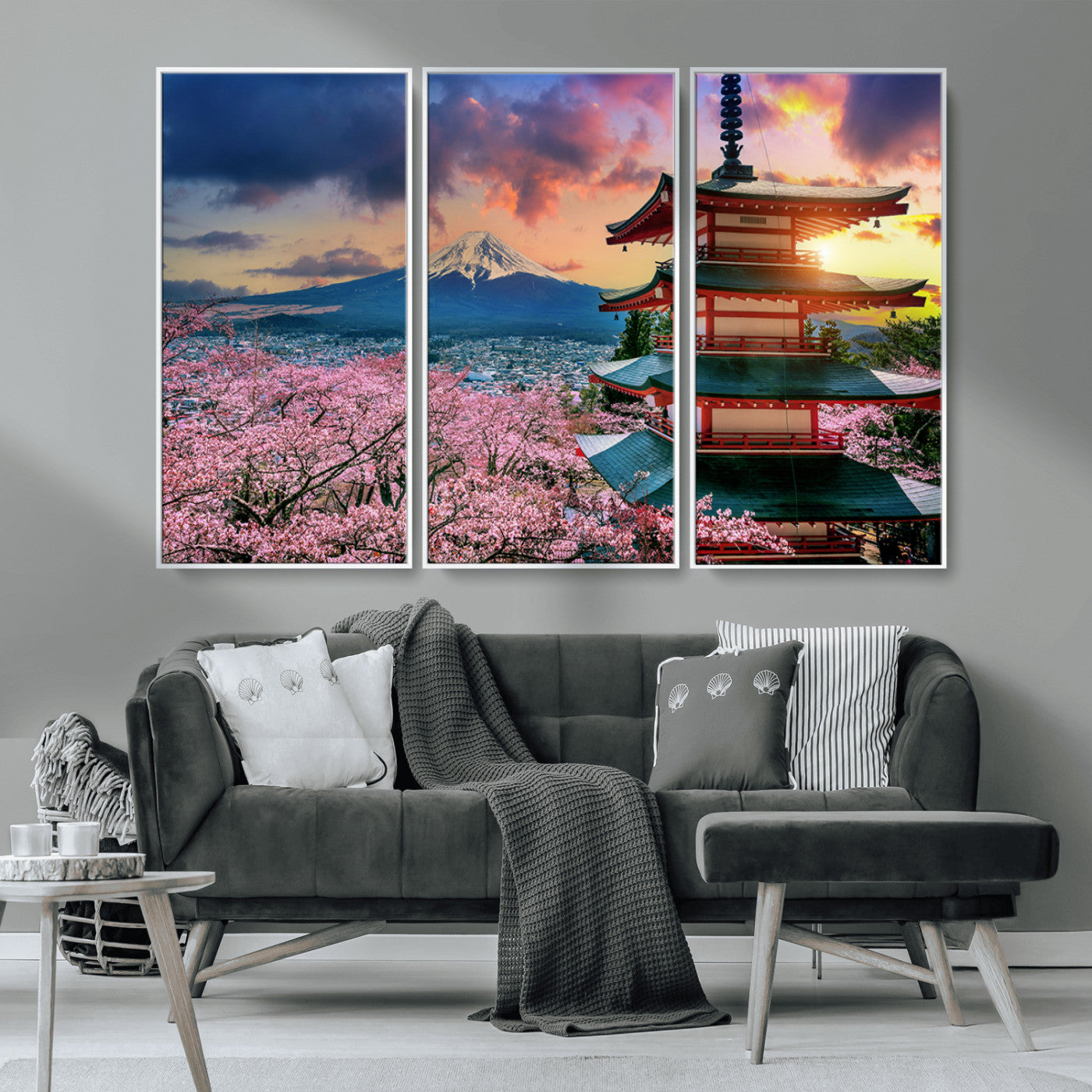 MGV-FC-48X32-3P - Mount Fuji & Cherry Blossom Wall Art Canvas Print – Iconic Japanese Landscape, Sakura Pagoda Sunset,