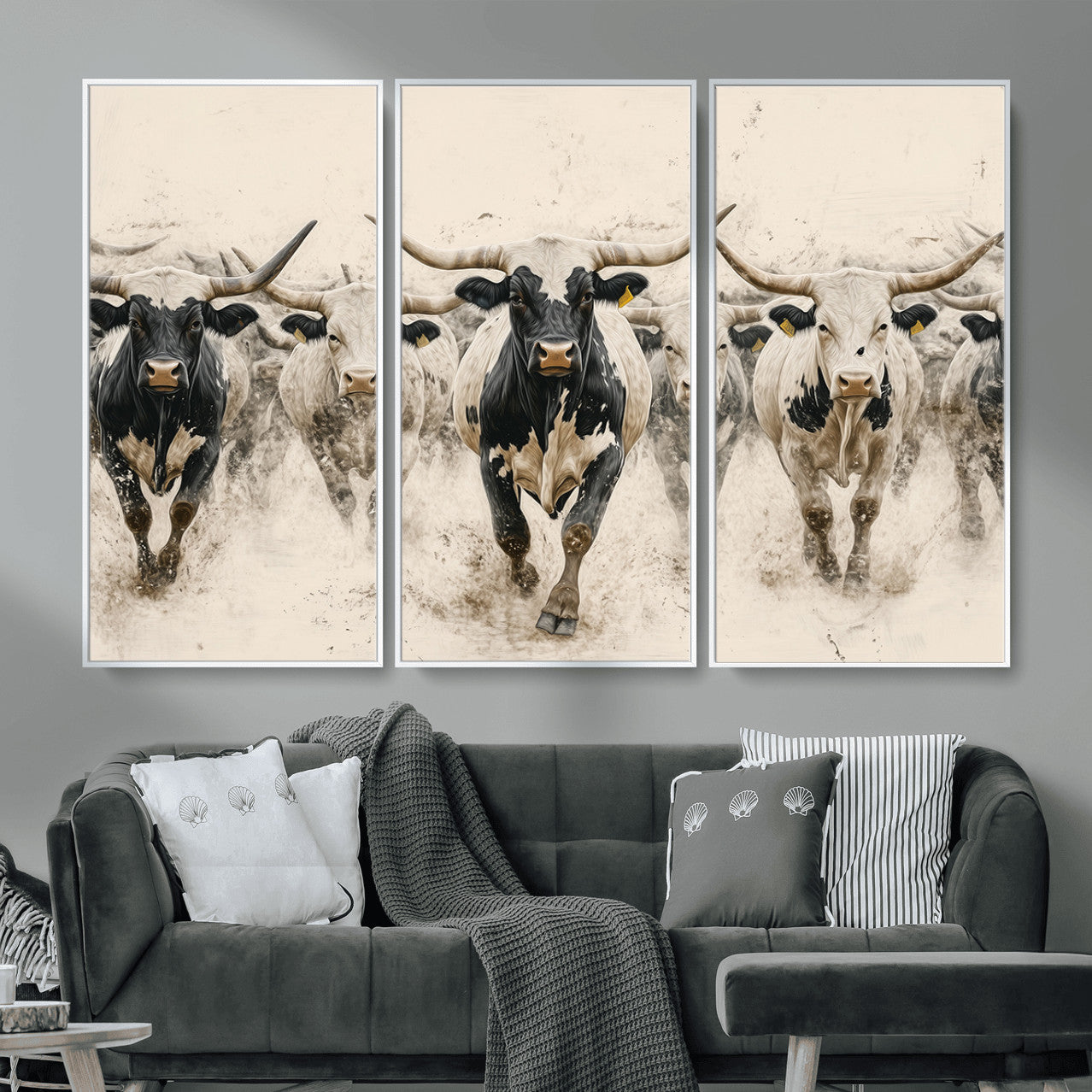 MGV-FC-48X32-3P - Cream Dust Longhorn Wall Art – Canvas Print of Western Herd Stampede, Dynamic Charge, Rustic Prairie Motion, Bold Nature Farm Decor