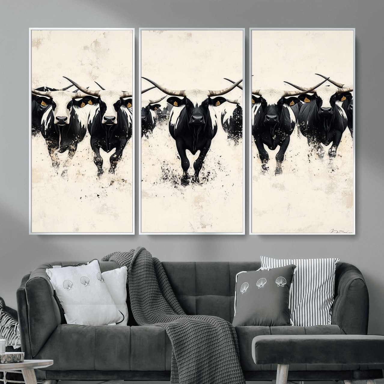 MGV-FC-48X32-3P - Longhorn Cattle Wall Art – Canvas Print of Herd in Motion, Symmetry and Ink Splatter, Minimalist Western Ranch, Bold Rustic Farm Decor
