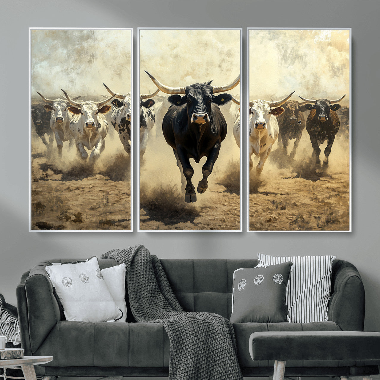 MGV-FC-48X32-3P - Running Cattle Wall Art – Canvas Print of Western Herd, Dust Stampede, Longhorns, Wild West Ranch, Bold Rustic Farm Decor for Home or Office