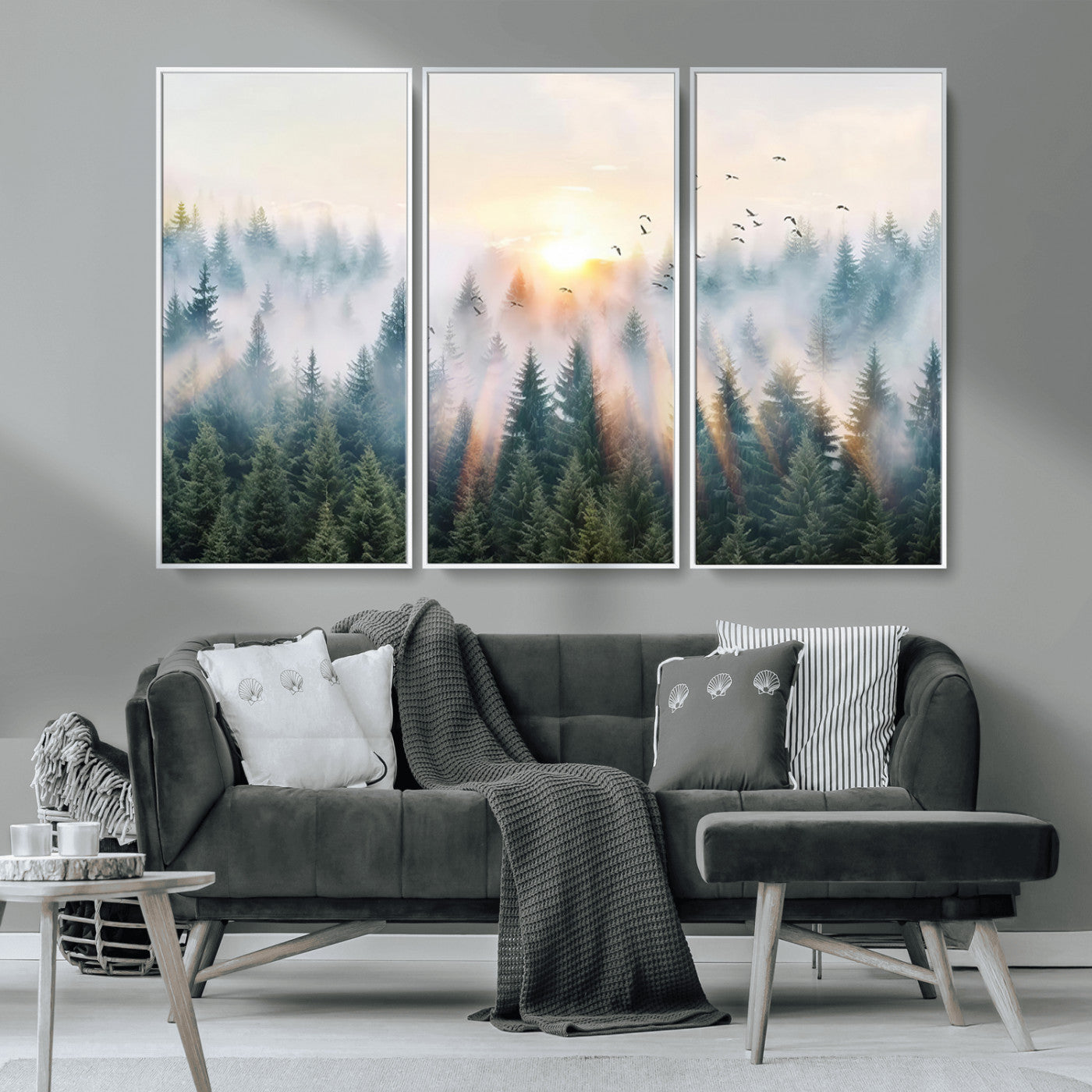MGV-FC-48X32-3P - Misty Pine Forest Wall Art Canvas, Sunrise Over Foggy Trees Canvas for Home - Office, Framed