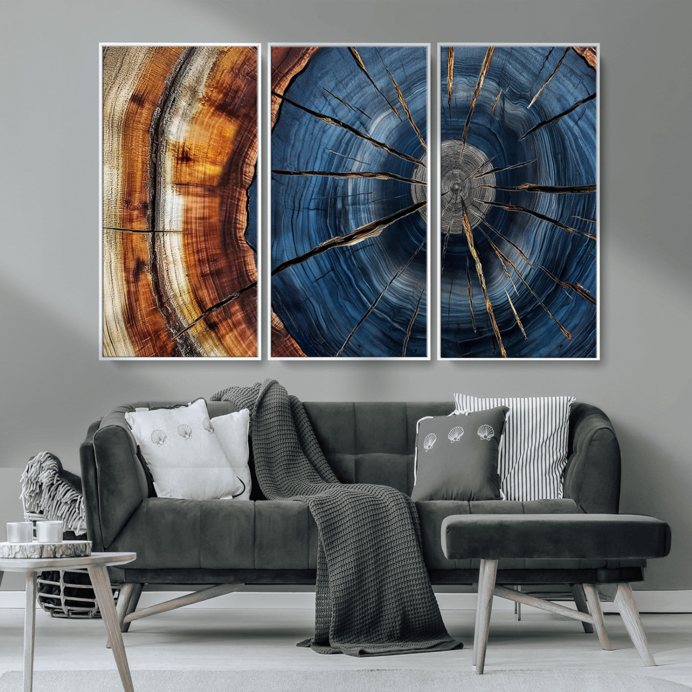 MGV-FC-48X32-3P - Framed Abstract Tree Ring Wall Art Print, Natural Rustic Wood Texture Canvas Print, Wood Tree Stump
