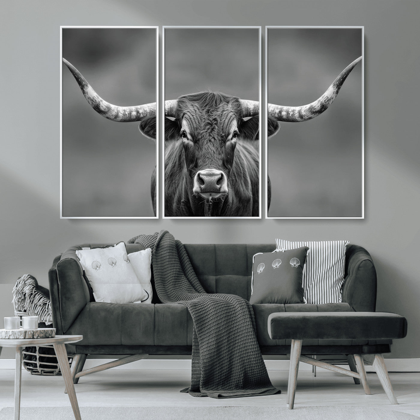 MGV-FC-48X32-3P - Framed Texas Longhorn Bull Art Canvas Print, Western Bull Wall Art Print, Long Horn Bull Photo Print