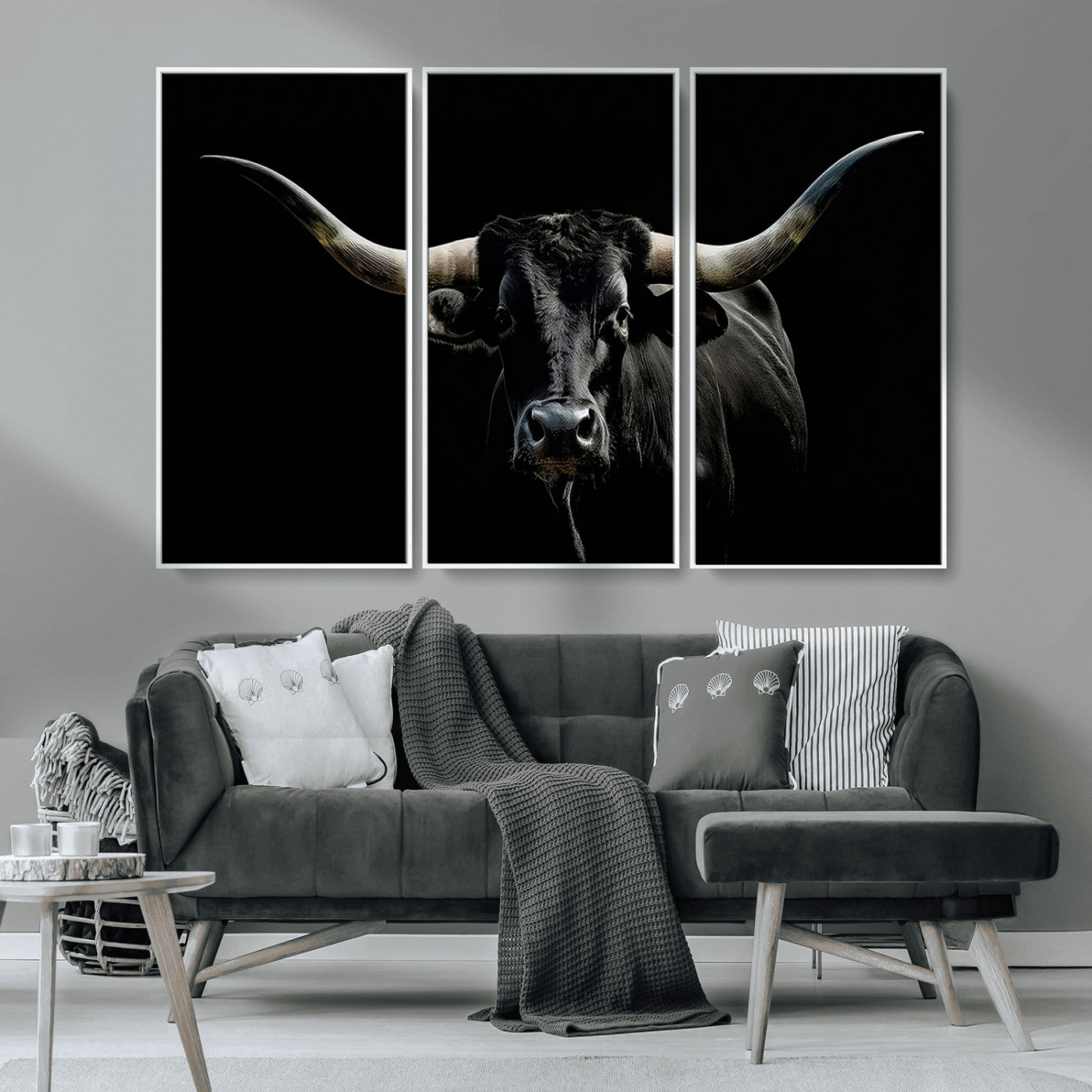 MGV-FC-48X32-3P - Texas Black Bull Wall Art Print, Longhorn Bull Canvas Wall Art