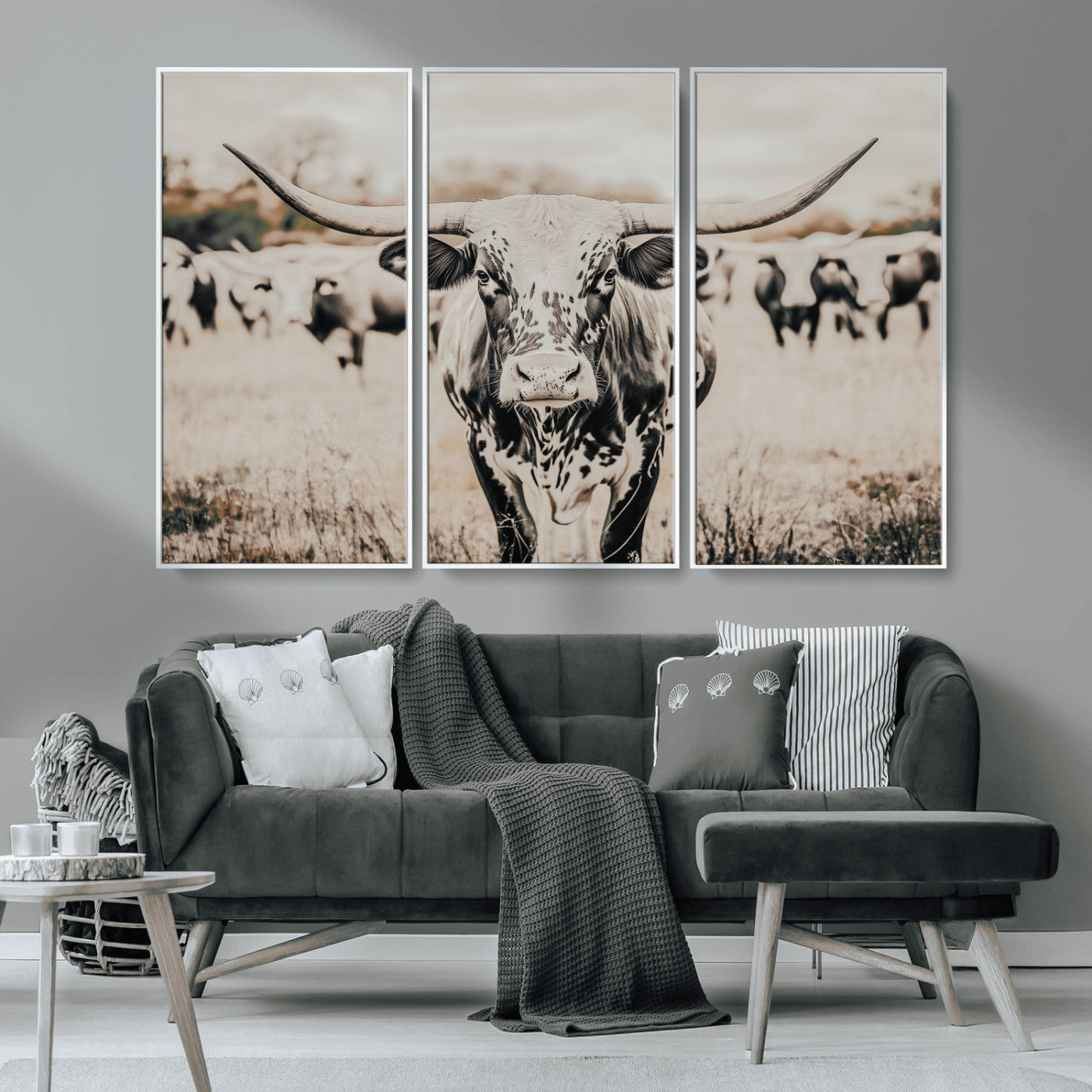 MGV-FC-48X32-3P - Texas Longhorn Wall Art Canvas Print, Framed Speckled Cow Art Picture Print, Horned Cattle Perfect Rustic Western Decor Artwork