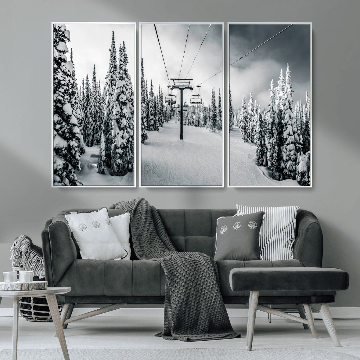 MGV-FC-48X32-3P - Snowy Pines Wall Art Canvas Print, Framed Ski Lift Art Picture Print, Winter Forest Perfect Moody Lodge Decor Artwork