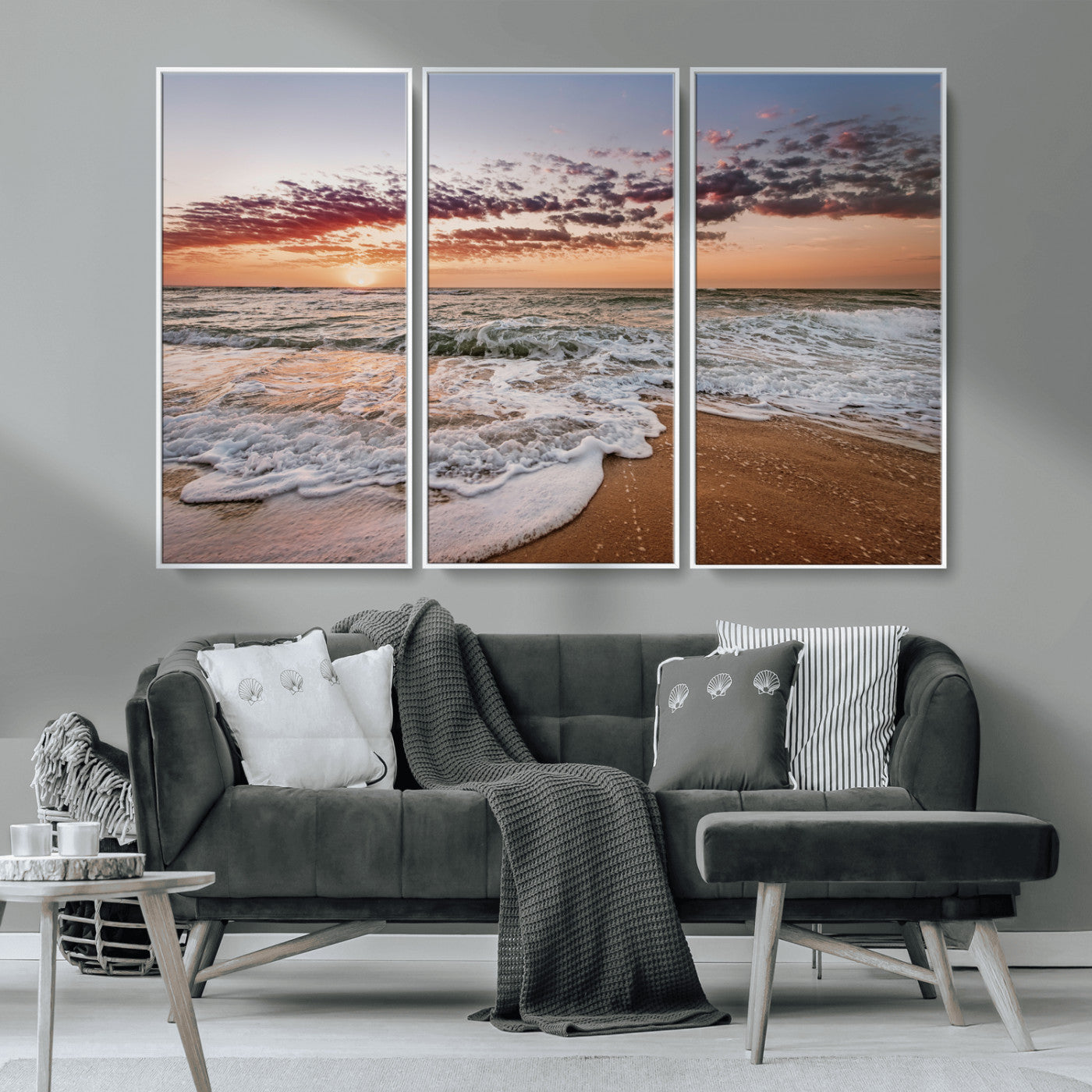 MGV-FC-48X32-3P - Ocean Sunset Wall Art Canvas Print, Framed Sandy Shore Art Picture Print, Gentle Waves Perfect Minimalist Coastal Decor Artwork