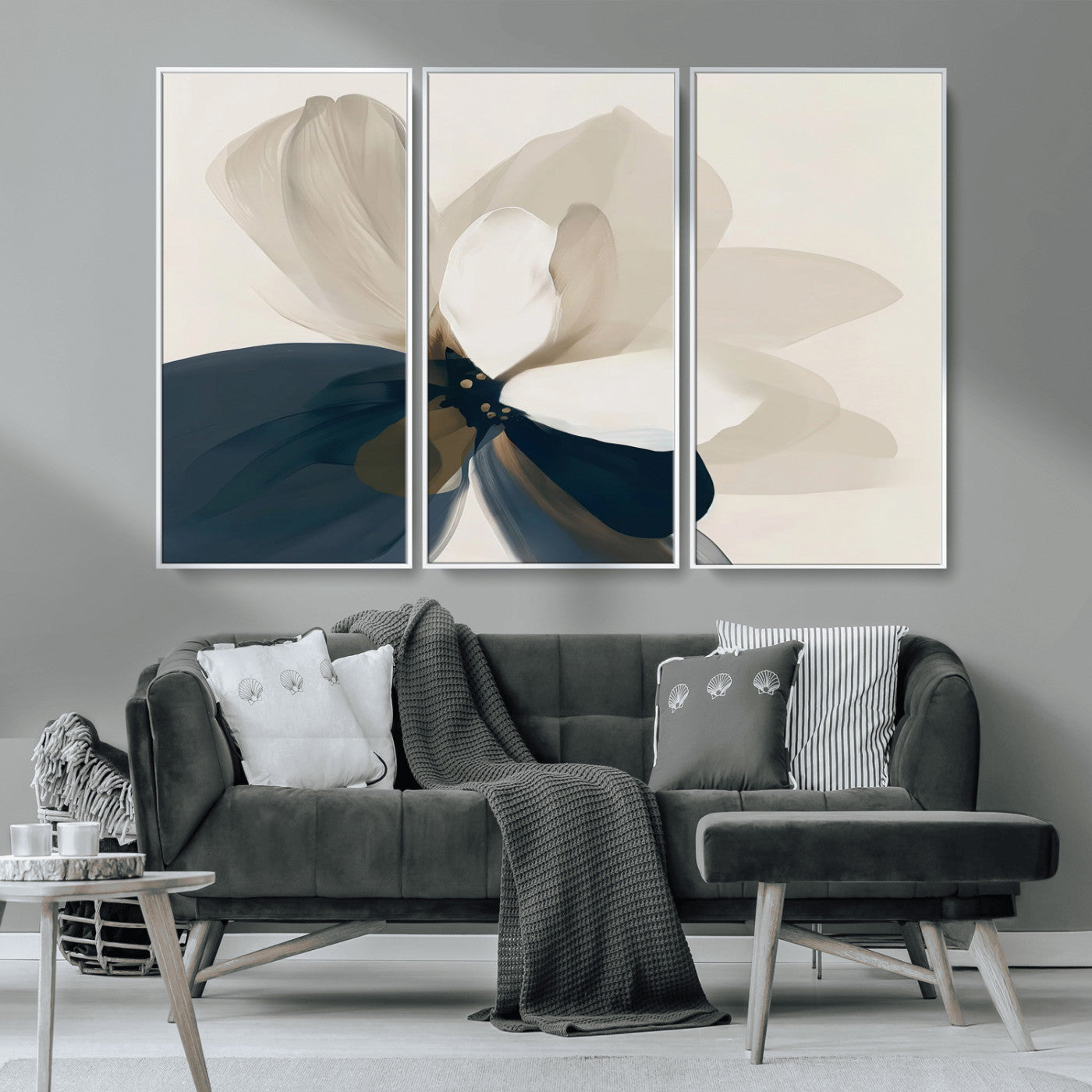 MGV-FC-48X32-3P - Minimal Flower Wall Art Canvas Print, Framed Flower Drawing Art Picture Print, Beige Bloom Perfect Modern Botanical Decor Artwork