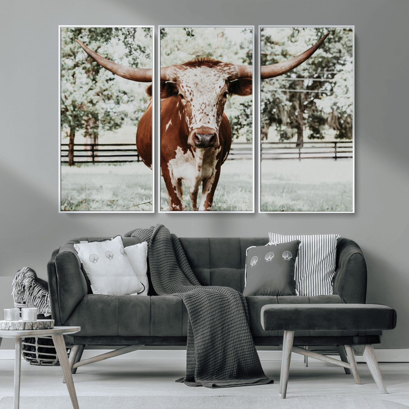 MGV-FC-48X32-3P - Texas Longhorn Wall Art Canvas Print, Framed Spotted Cow Art Picture Print, Horned Cattle Perfect Rustic Western Decor Artwork