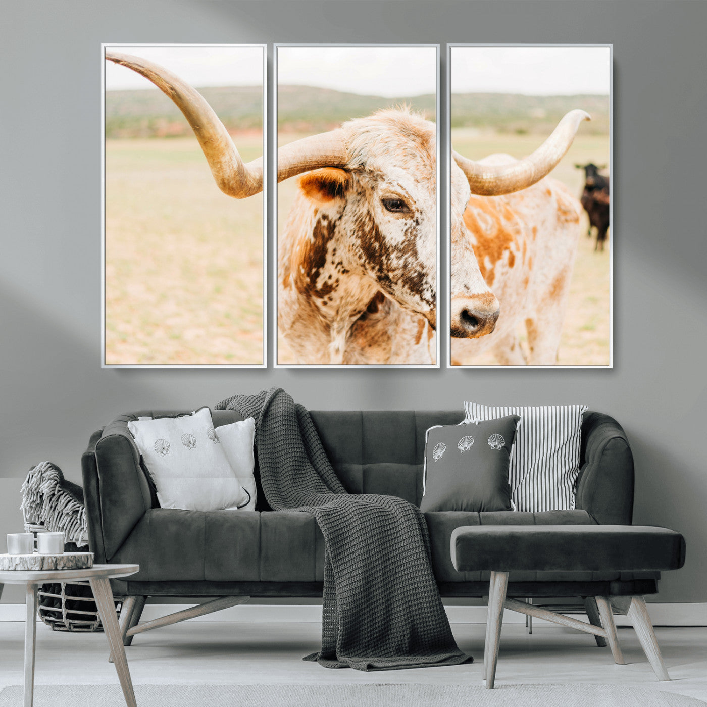 MGV-FC-48X32-3P - Texas Longhorn Wall Art Canvas Print, Framed Spotted Cow Art Picture Print, Horned Cattle Perfect Rustic Western Decor Artwork