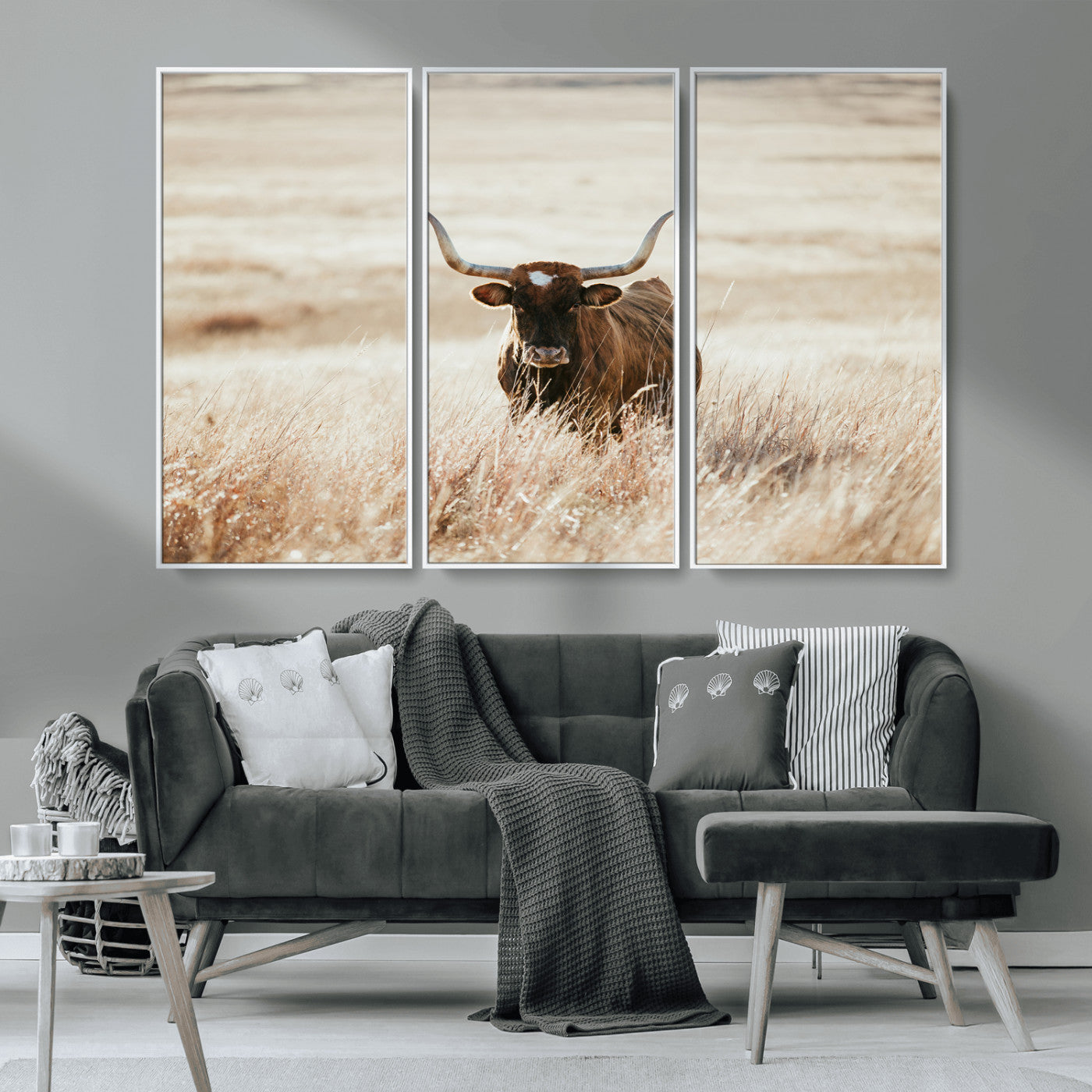 MGV-FC-48X32-3P - Texas Longhorn Wall Art Canvas Print, Framed Brown Cattle Art Picture Print, Horned Bull Perfect Rustic Western Decor Artwork