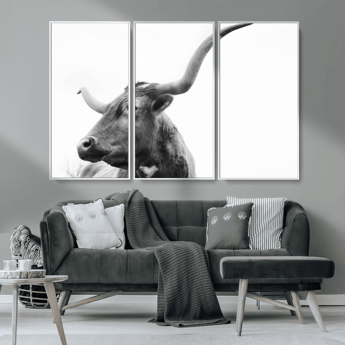 MGV-FC-48X32-3P - Longhorn Wall Art Wall Art Canvas Print, Framed Modern Ranch Style Art Art Picture Print, Monochrome Cow Print Perfect Rustic Western Decor Artwork