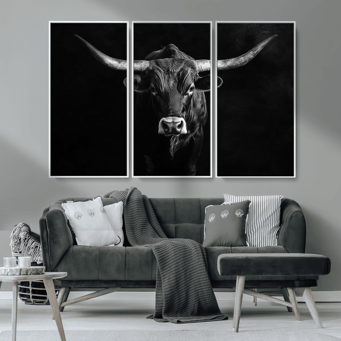 MGV-FC-48X32-3P - Texas Longhorn Wall Art Canvas Print, Framed Monochrome Bull Art Picture Print, Horned Bull Perfect Rustic Western Decor Artwork