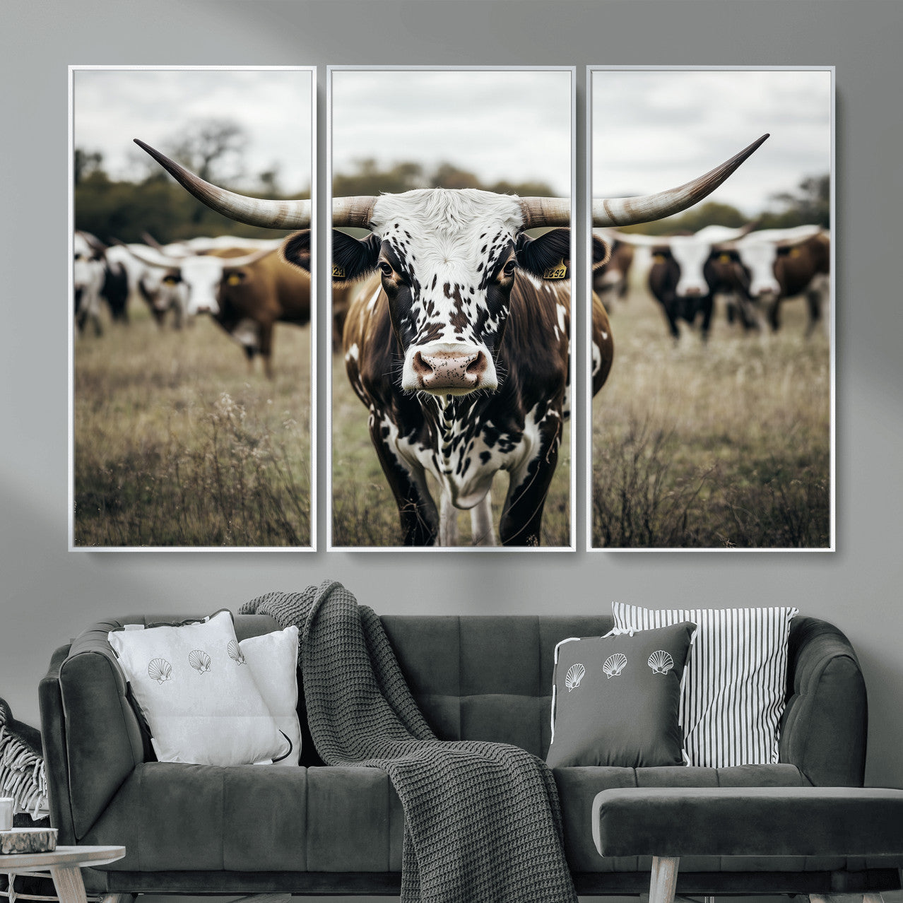 MGV-FC-48X32-3P - Majestic Longhorn Cow Wall Art – Canvas Print of Intricate Fur & Sharp Horns Earthy Tones Serene Landscape, Rustic Charm Decor for Living Room, Office or Bedroom
