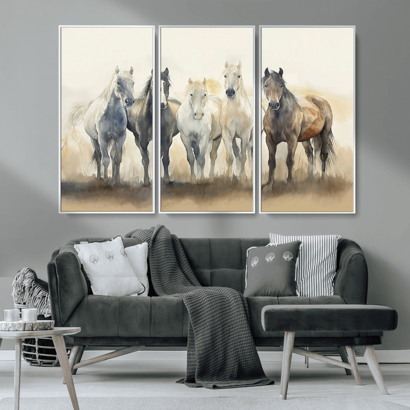 MGV-FC-48X32-3P - Wild Horses Wall Art Canvas Print, Framed Running Horses Art Picture Print, Watercolor Horses Perfect Rustic Western Decor Artwork