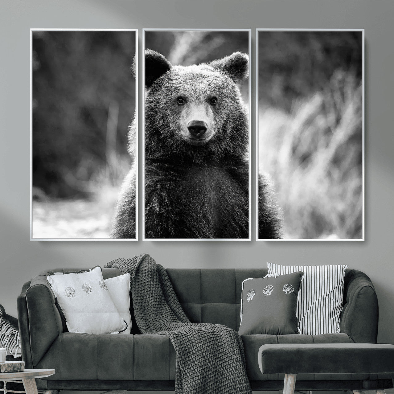 55656803-MGV-CV-36X24-Grizzly Bear Wall Art Canvas Print – Framed Black White Wildlife Rustic Nature Artwork for Home, Office Decor