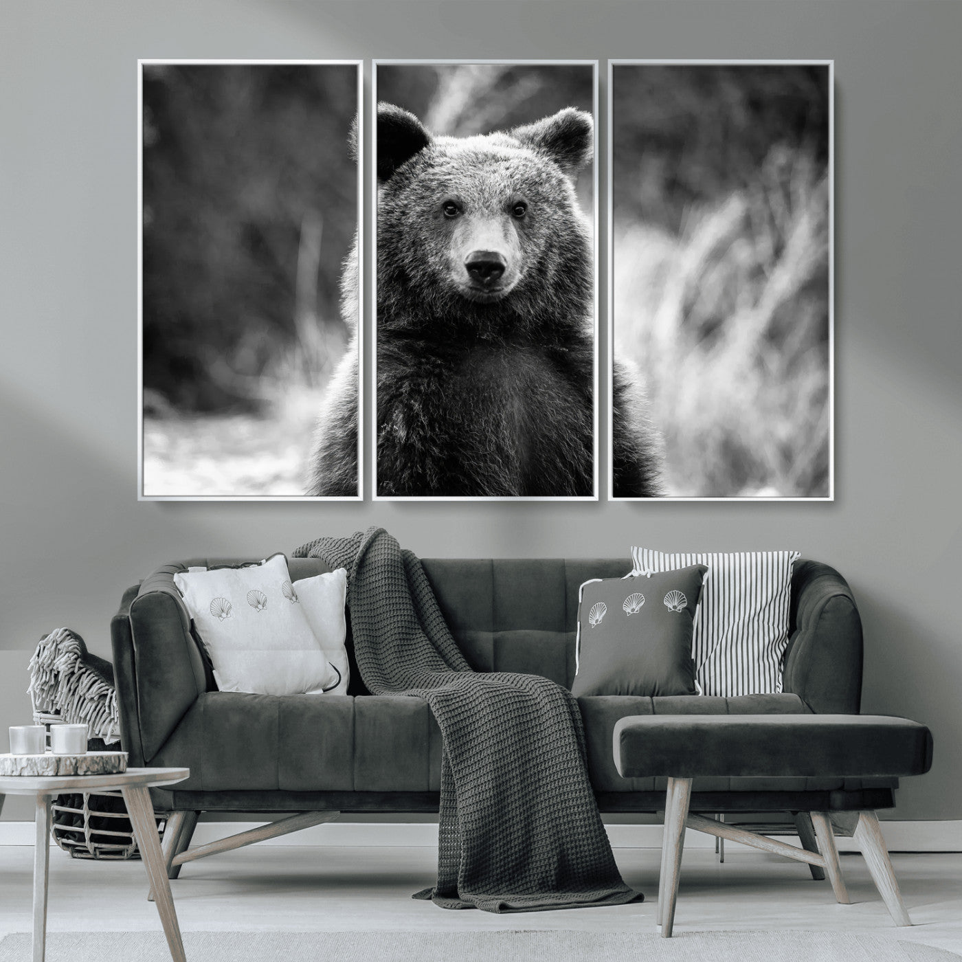 MGV-FC-48X32-3P - Grizzly Bear Wall Art Canvas Print, Framed Black White Bear Art Picture Print, Wild Bear Perfect Rustic Wildlife Decor Artwork