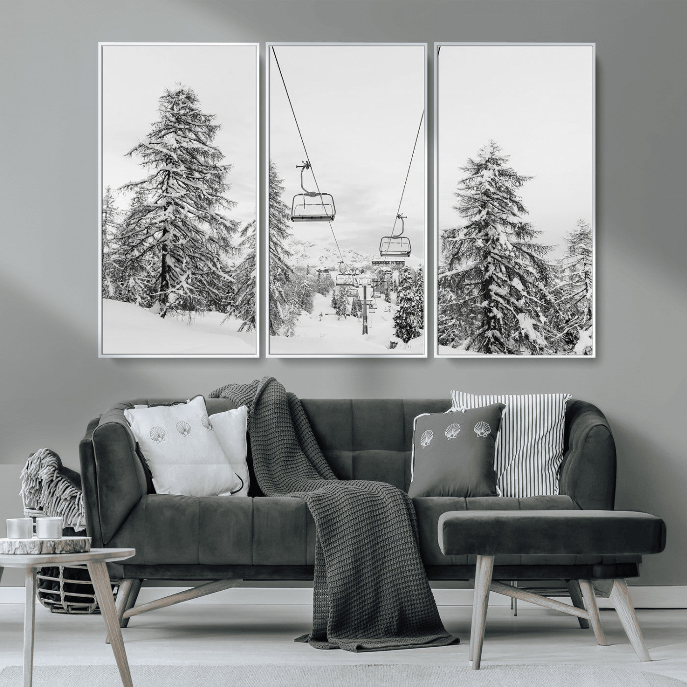 MGV-FC-48X32-3P - Wall Art Canvas Print Winter Chairlift Views Silent Snow-Covered Pines Mountain Calm Serenity Frozen