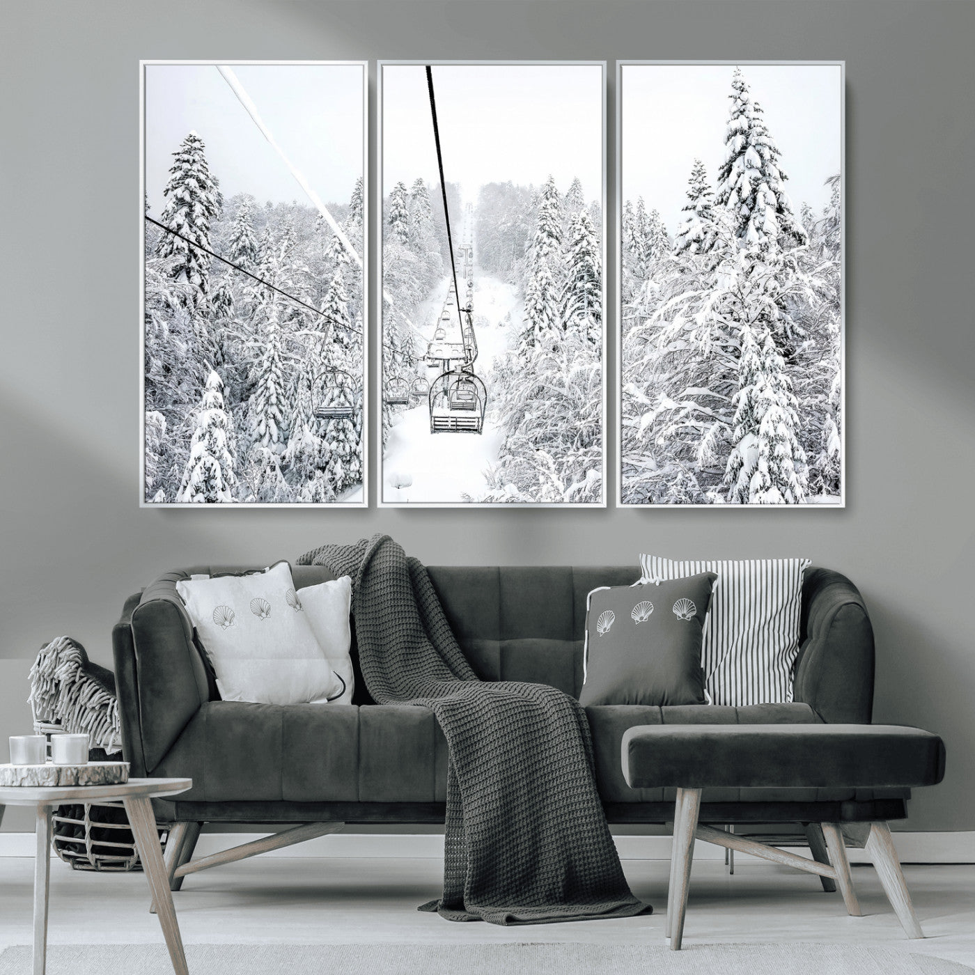 MGV-FC-48X32-3P - Snowy Mountains Wall Art Canvas Print, Framed Ski Lift Art Picture Print, Winter Forest Perfect