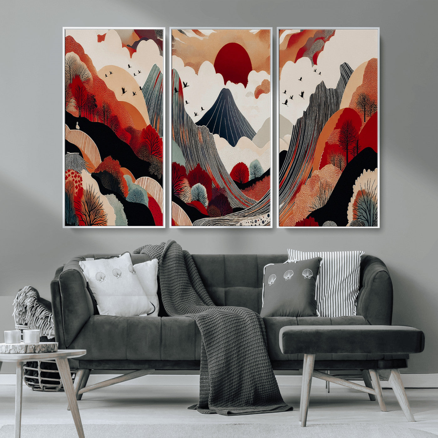MGV-FC-48X32-3P - Abstract Mountain Wall Art Canvas Print, Framed Vibrant Landscape Art Picture Print, Stylized Nature Drawing Perfect Contemporary Minimalist Decor Artwork