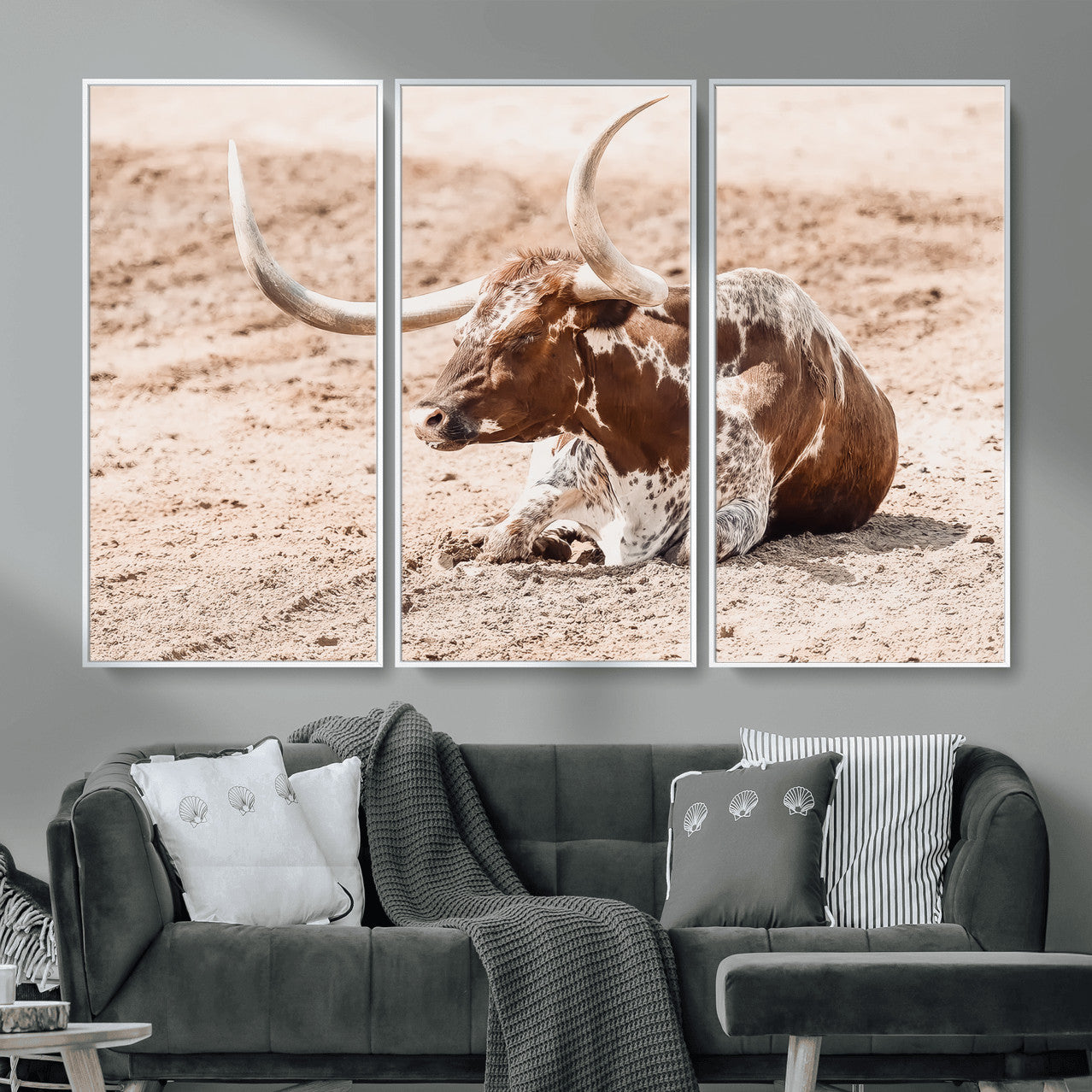 91248682-MGV-FC-48X32-3P_White-Texas Longhorn Wall Art Canvas Print – Framed Resting Bull Scene with Spotted Cattle Artwork for Home, Office