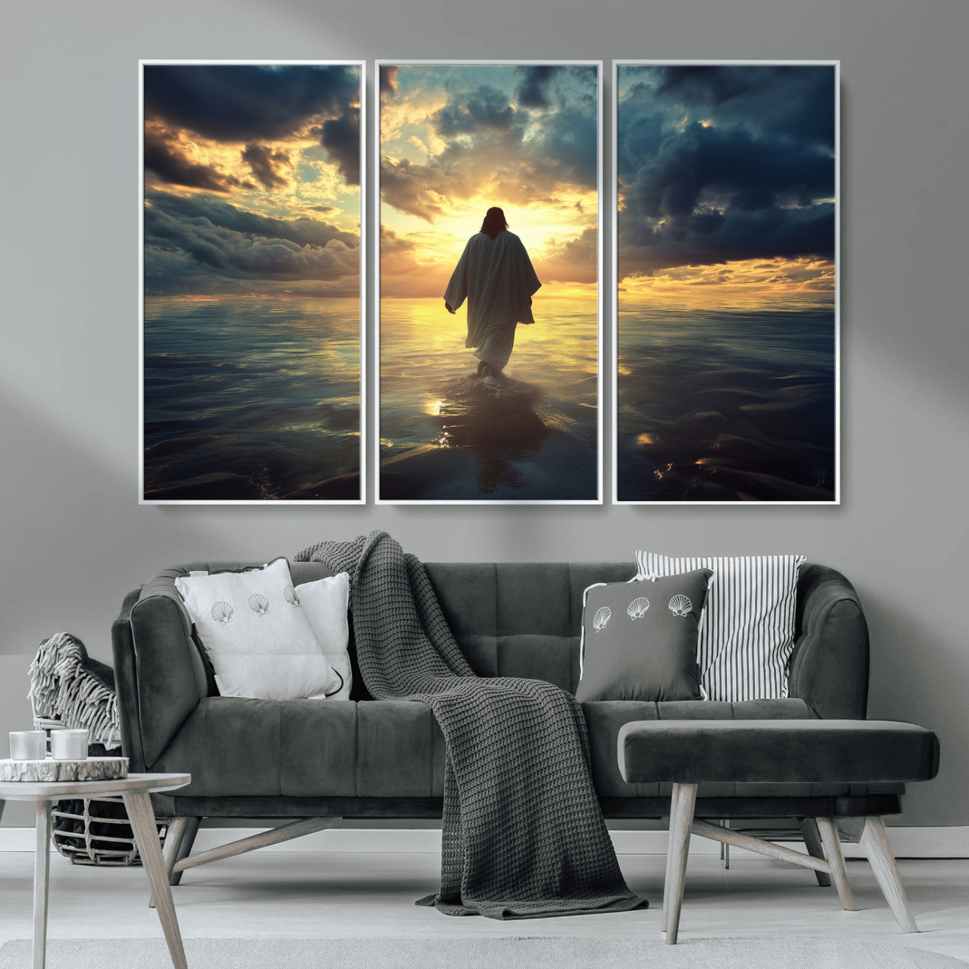 MGV-FC-48X32-3P - Jesus Walks Wall Art Canvas Print, Framed Divine Sunset Art Picture Print, Spiritual Light Perfect Spiritual Tranquil Decor Artwork