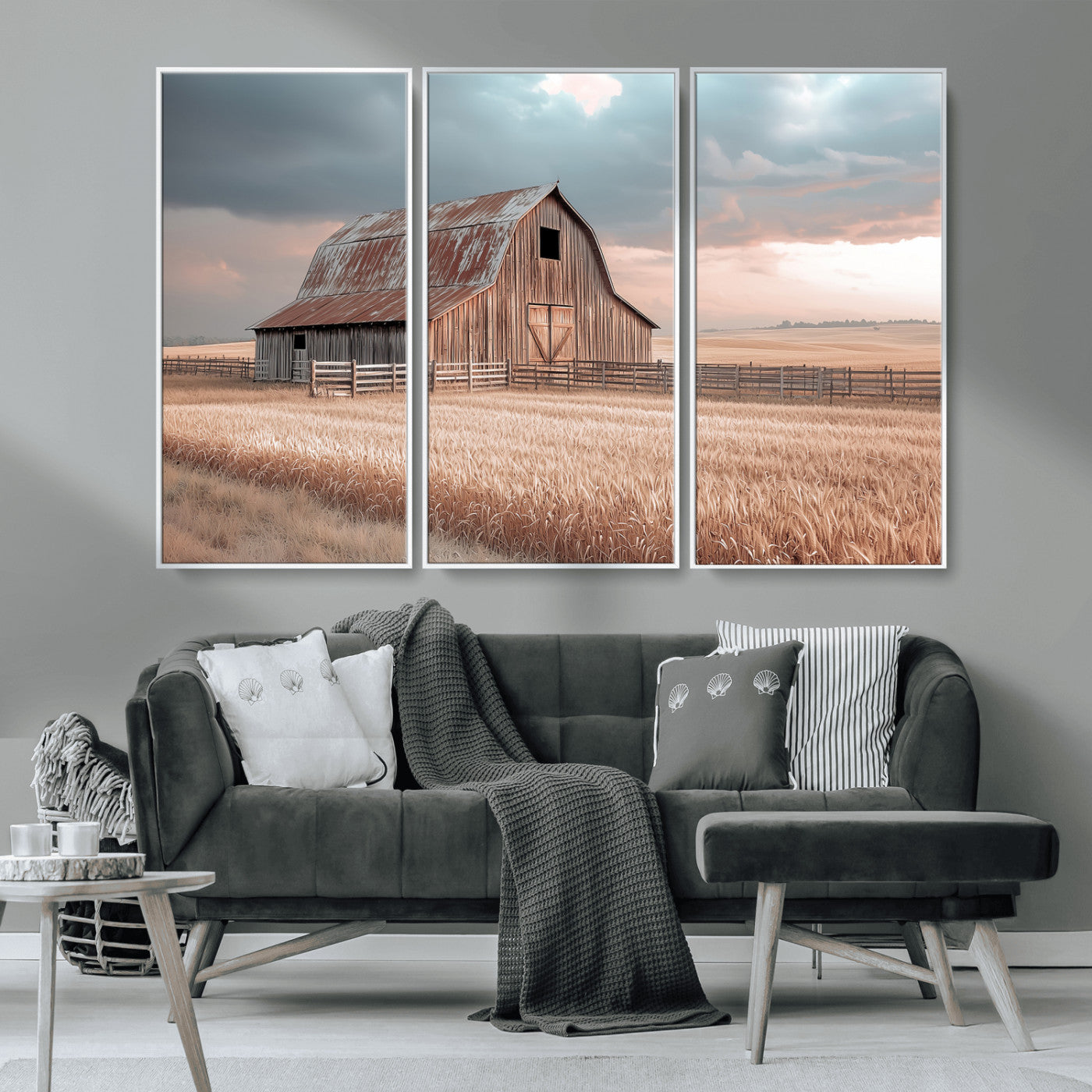 MGV-FC-48X32-3P - Rustic Barn Wall Art Canvas Print, Framed Wheat Field Art Picture Print, Sunset Barn Perfect Vintage Farmhouse Decor Artwork