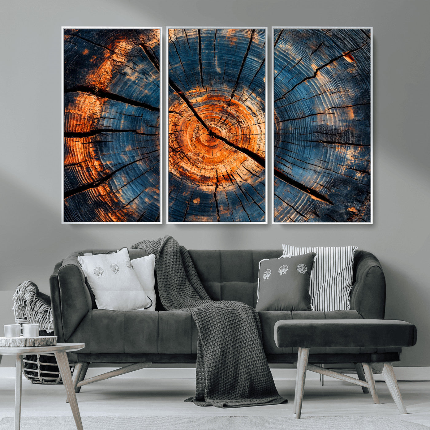 MGV-FC-48X32-3P - Burnt Wood Wall Art Canvas Print, Framed Aged Timber Art Picture Print, Rustic Tree Slice Perfect Rustic Decor Artwork