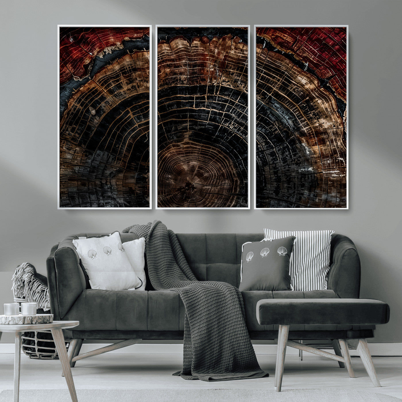 MGV-FC-48X32-3P - Dark Wood Ring Wall Art Canvas Print, Framed Abstract Wood Tree Art Picture Print, Rustic Tree Slice Perfect Rustic Decor Artwork