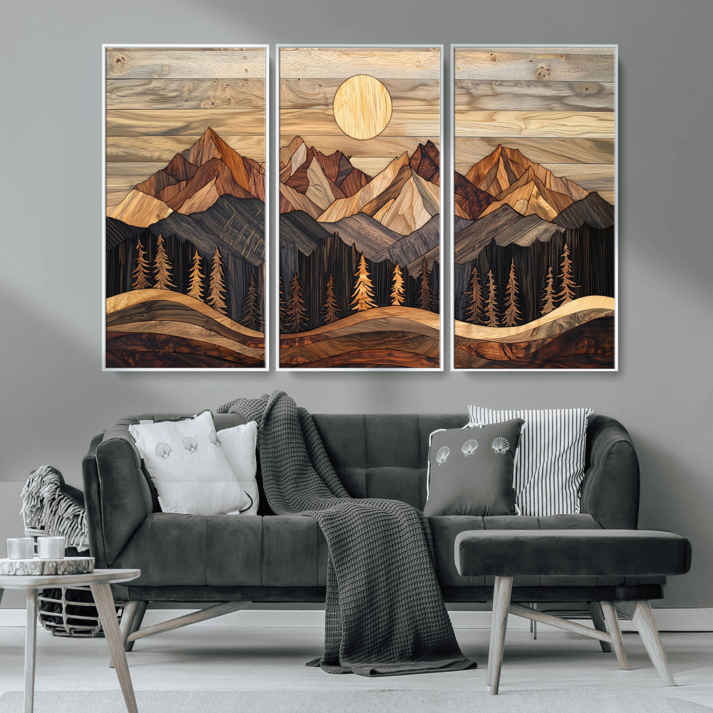 MGV-FC-48X32-3P - Wood Mountain Wall Art Canvas Print, Framed Boho Wood Art Picture Print, Abstract Woodland Perfect Farmhouse Decor Artwork