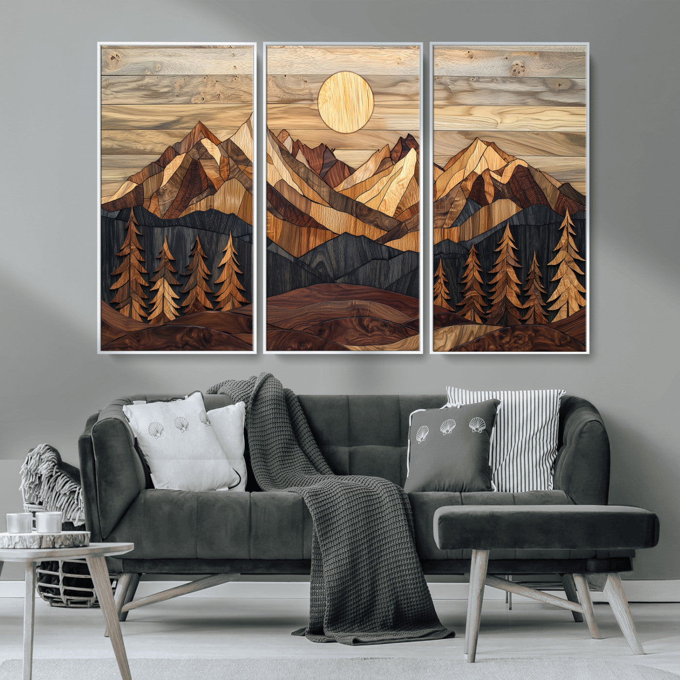 MGV-FC-48X32-3P - Wood Mountain Landscape Wall Art Canvas Print, Framed Sunset Hills Art Picture Print, Abstract Nature Perfect Boho Decor Artwork