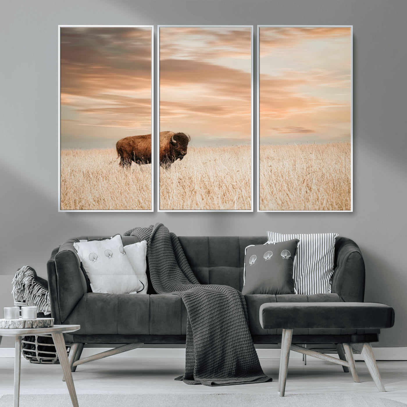MGV-FC-48X32-3P - Bison Wall Art Canvas Print, Framed Buffalo Art Picture Print, Western Prairie Perfect Rustic Decor Artwork