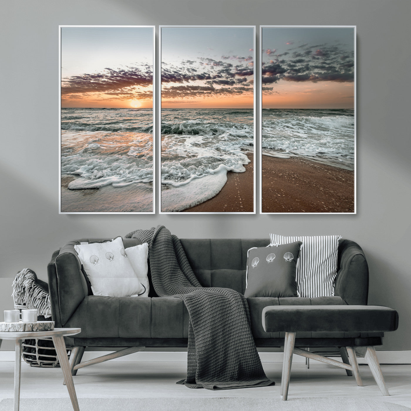 MGV-FC-48X32-3P - Ocean Sunset Wall Art Canvas Print, Framed Beach Waves Art Picture Print, Coastal Scene Perfect Coastal Decor Artwork