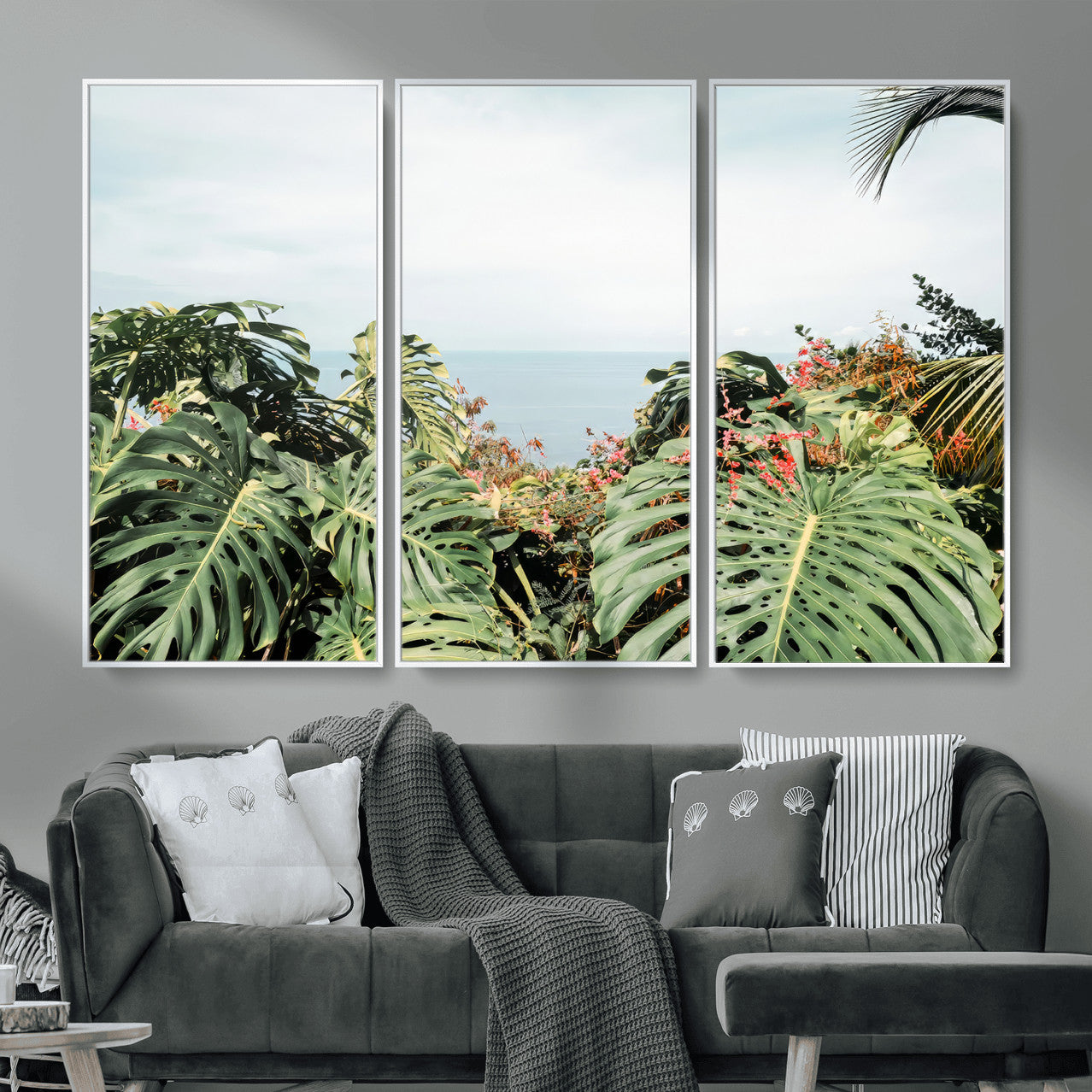 45700479-MGV-CV-36X24 - Tropical Greenery Wall Art – Exotic Leaves & Ocean View Canvas Print, Sunlit Paradise and Vibrant Nature for Living Room or Coastal Decor