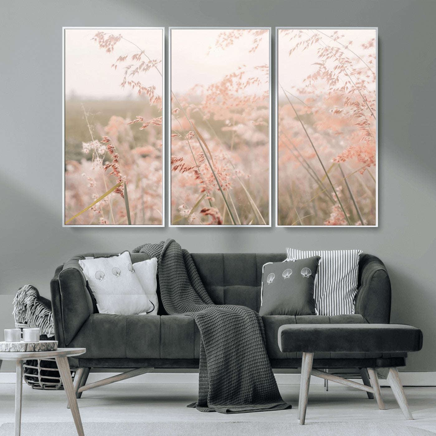 MGV-FC-48X32-3P - Pastel Grasses Wall Art Canvas Print, Framed Soft Meadow Art Picture Print, Field in Breeze Perfect Soft Pastel Minimal Decor Artwork