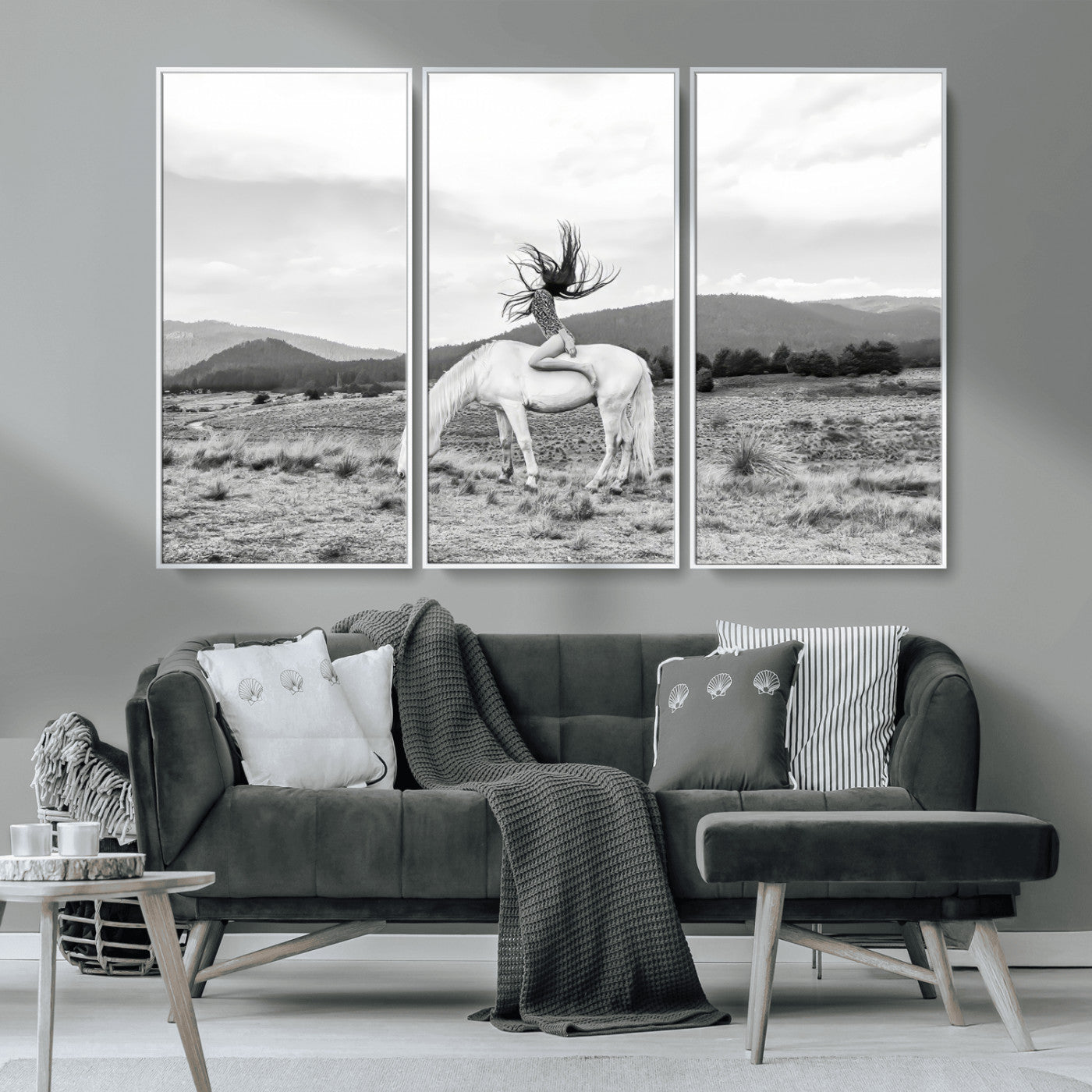 MGV-FC-48X32-3P - White Horse Wall Art Canvas Print, Framed Woman Rider Art Picture Print, Equestrian Pose Perfect Western Boho Decor Artwork