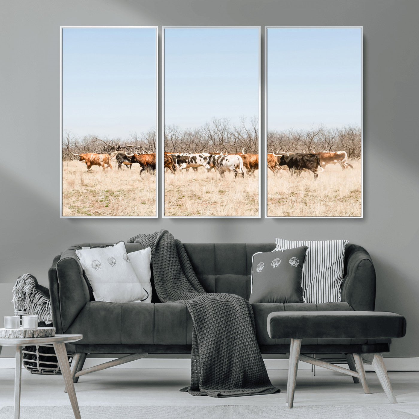 MGV-FC-48X32-3P - Texas Longhorns Wall Art Canvas Print, Framed Western Cattles Art Picture Print, Rustic Herd Perfect Rustic Farmhouse Decor Artwork