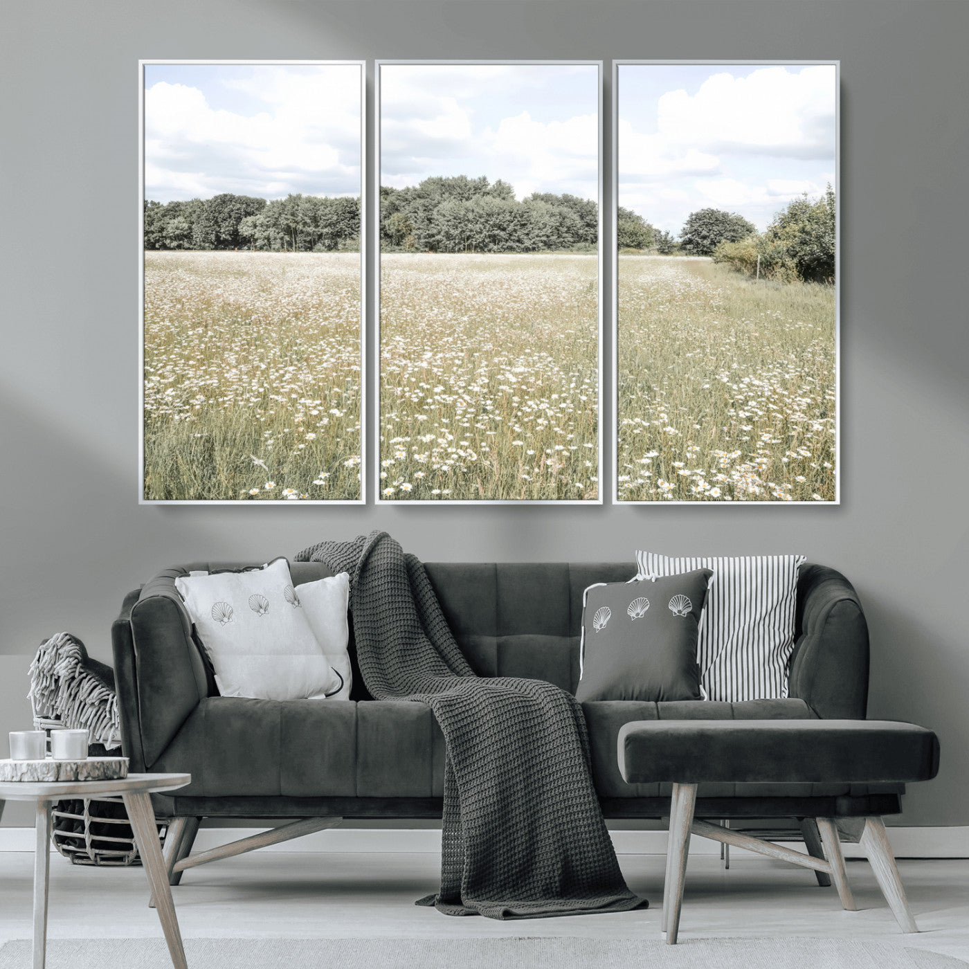 MGV-FC-48X32-3P - Charming Daisy Field Wall Art Canvas Print, Framed Pastel Flower Art Picture Print, Meadow Bloom Perfect Scandinavian Minimalist Decor Artwork