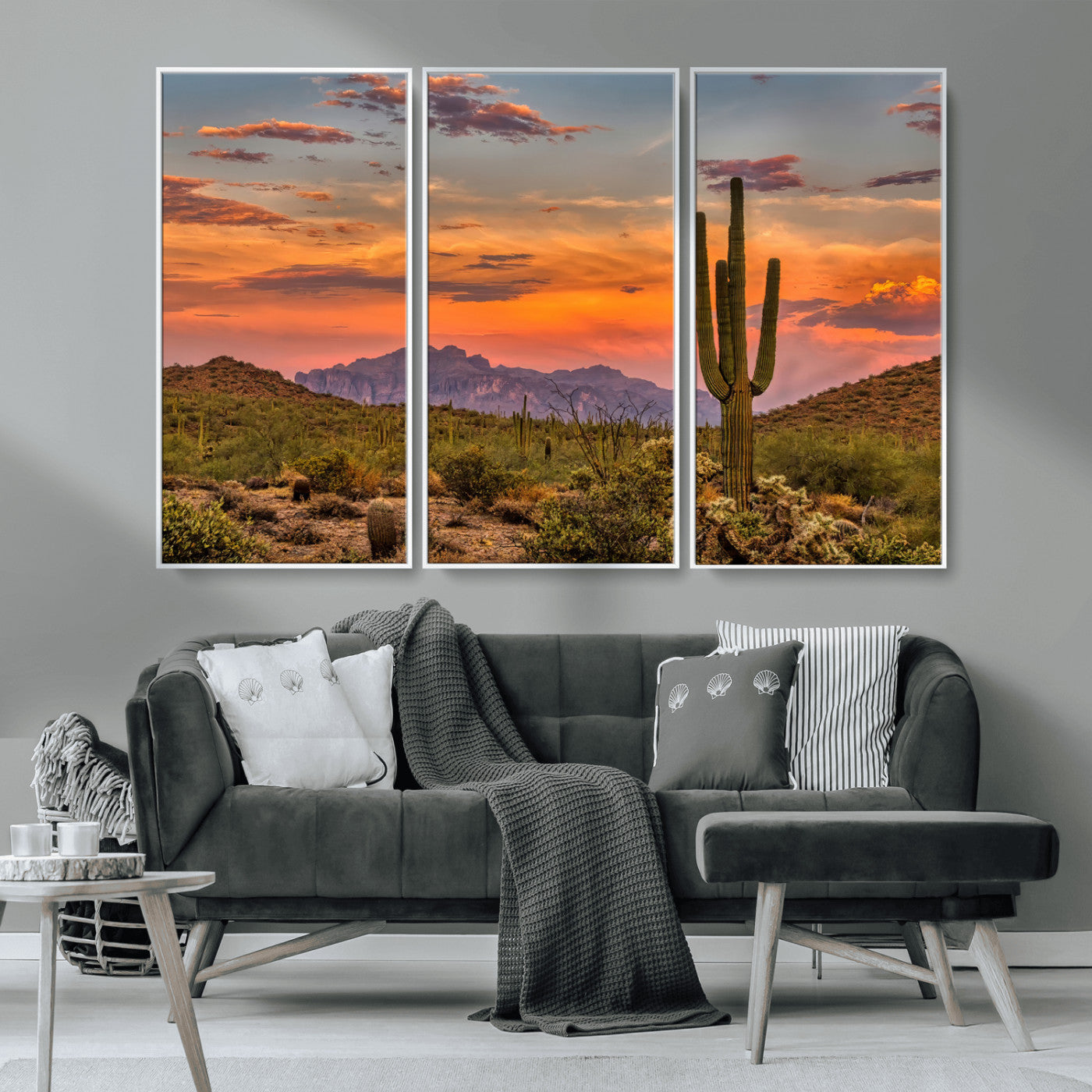 MGV-FC-48X32-3P - Saguaro Cactus Wall Art Canvas Print, Framed Arizona Sunset Art Picture Print, Sonoran Desert Perfect Southwestern Boho Decor Artwork