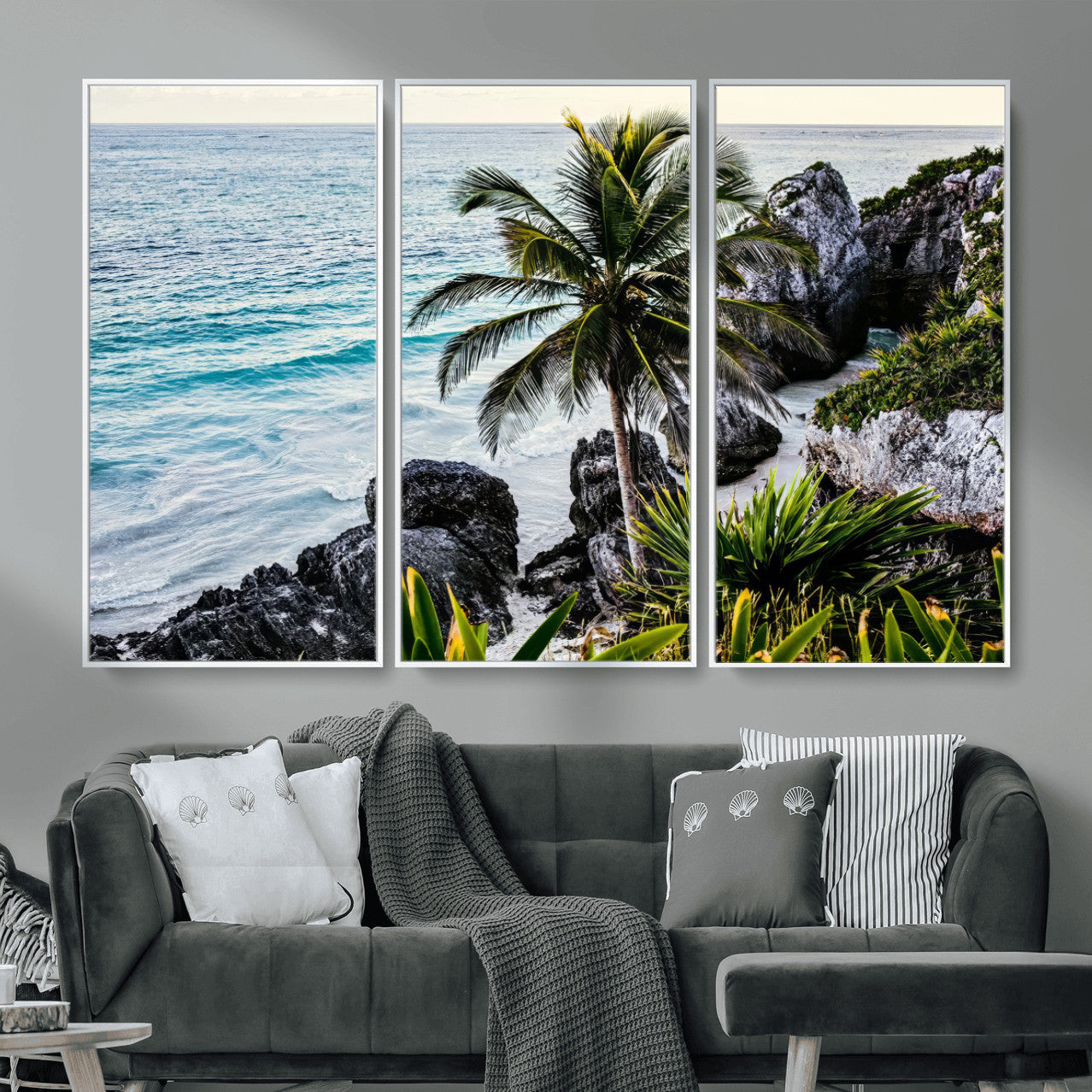 94669907-MGV-CV-36X24 - Tropical Palm Wall Art – Coastal Rocks Canvas Print, Ocean Breeze, Sandy Shore, Vibrant Green Foliage for Living Room or Beach House Decor