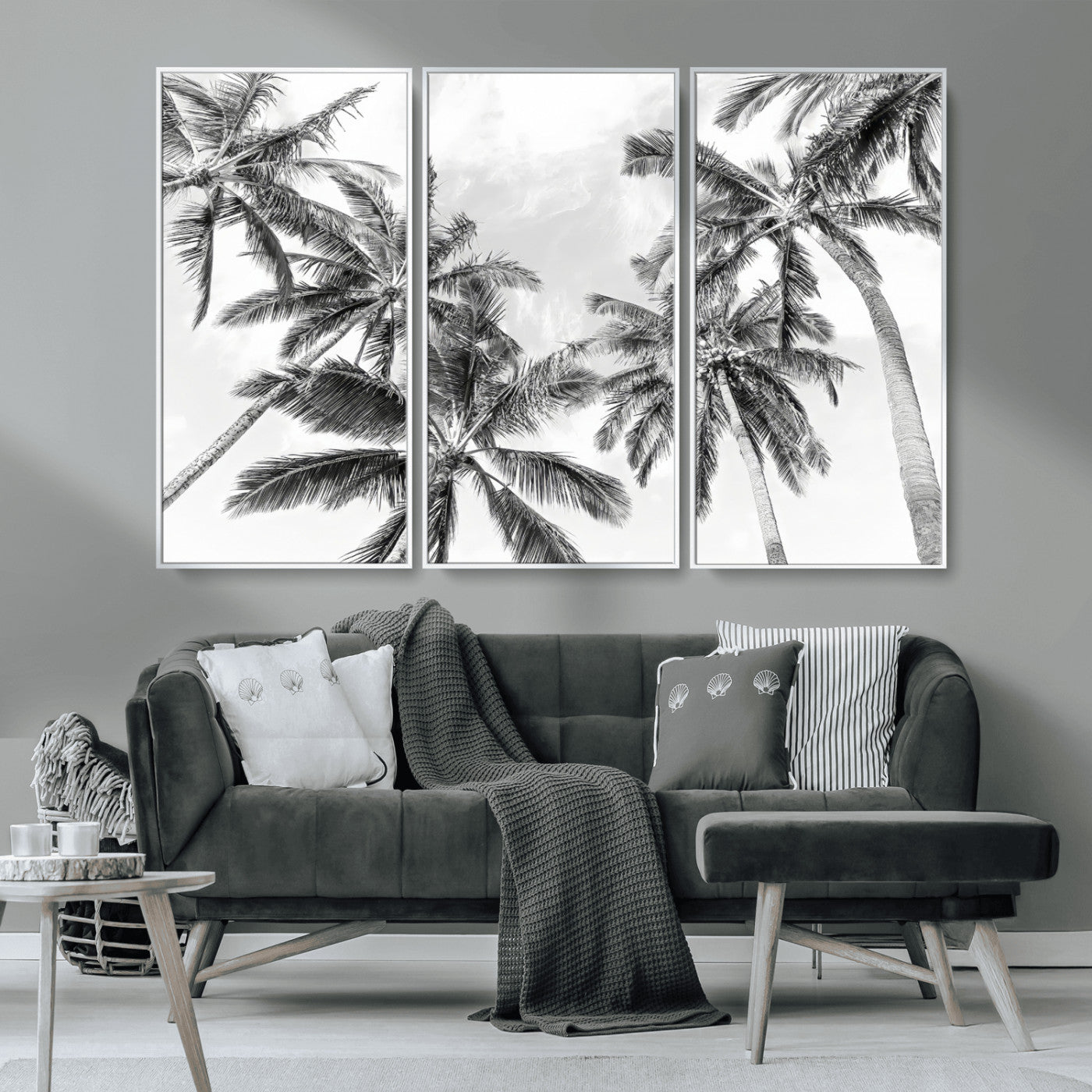 MGV-FC-48X32-3P - Black White Palm Wall Art Canvas Print, Framed Monochrome Tropics Art Picture Print, Minimalist Beach Perfect Coastal Minimalist Decor Artwork
