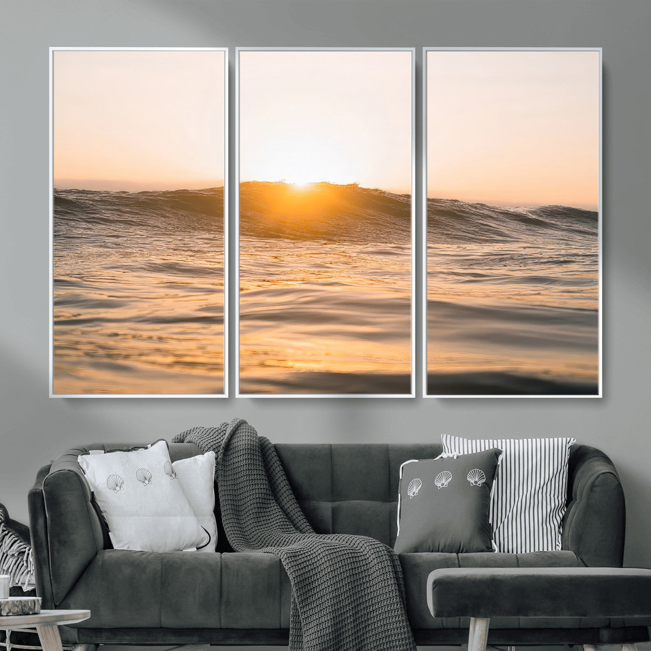 16973771-MGV-CV-36X24-Calm Water Wall Art – Framed Sunset Waves Canvas Artwork, Coastal Warm Design, Minimal Ocean Decor for Home, Office