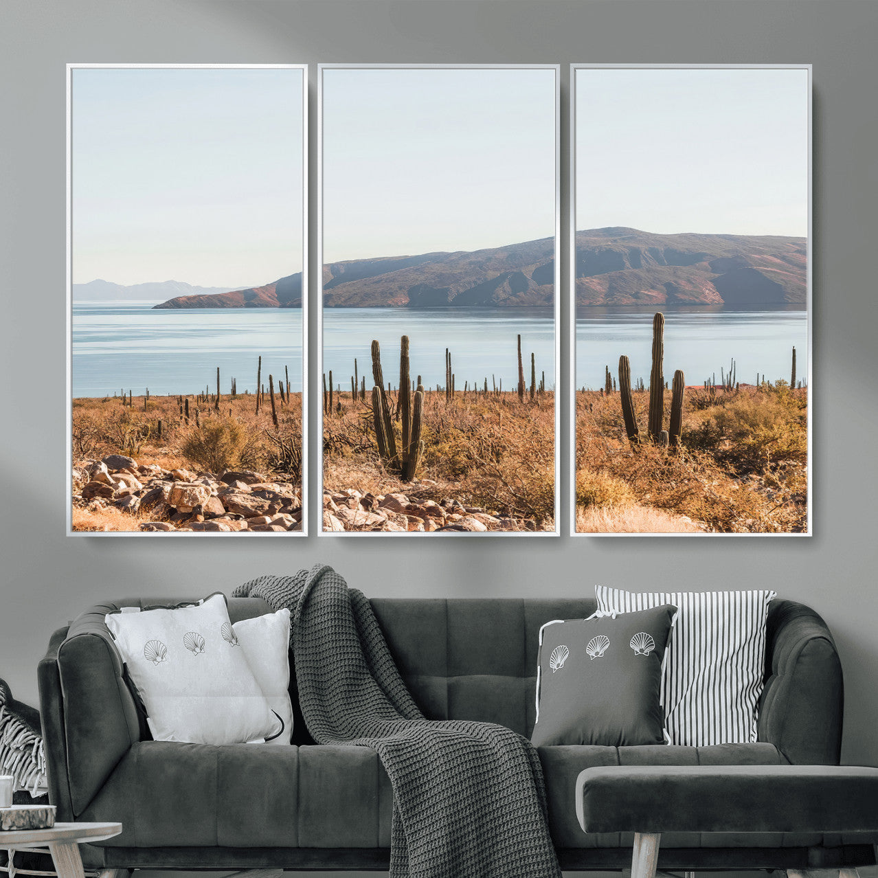 MGV-FC-48X32-3P - Desert Cactus Wall Art Canvas Print, Framed Baja Coastline Art Picture Print, Coastal Desert Perfect Southwestern Minimalist Decor Artwork