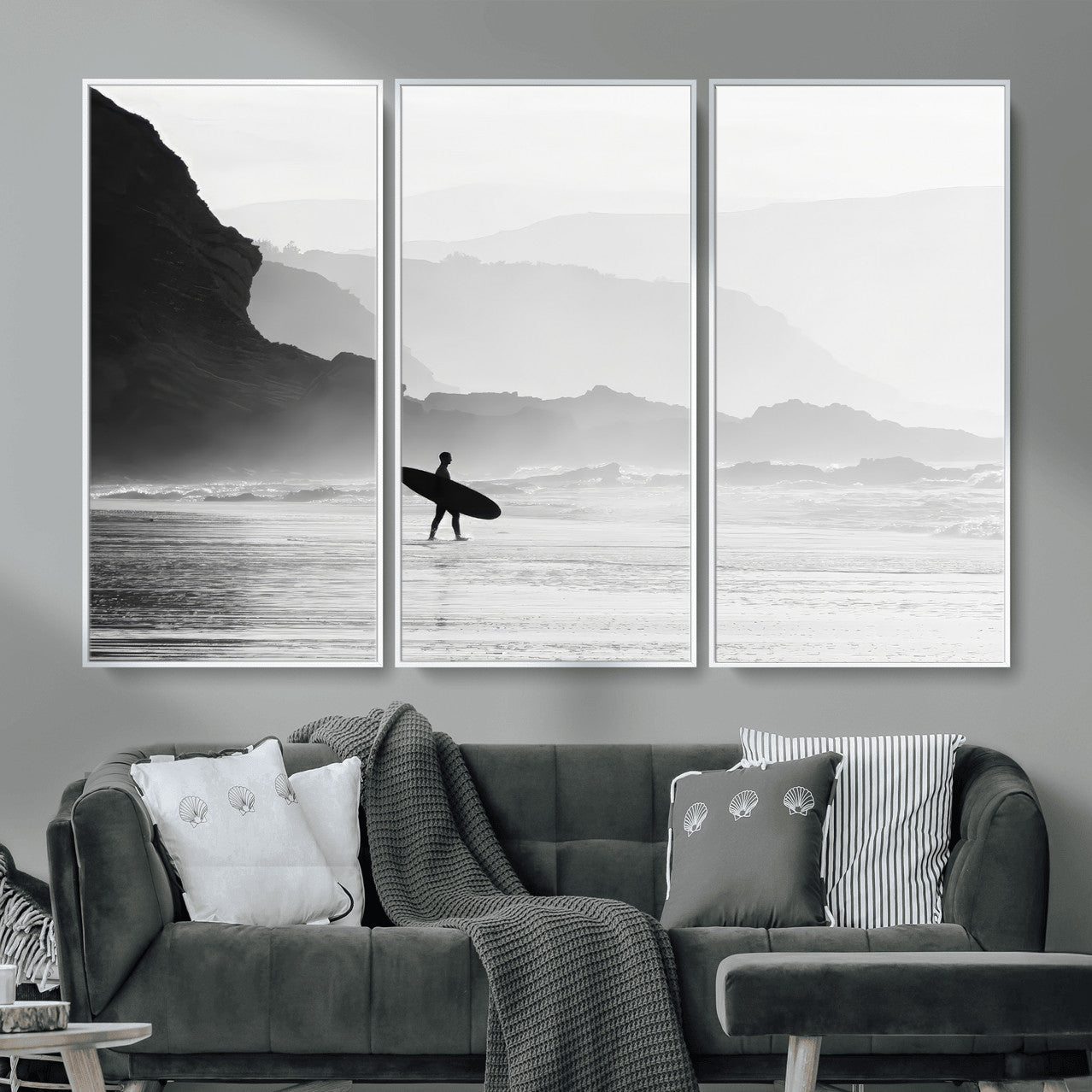 MGV-FC-48X32-3P - Surfer In Fog Wall Art Canvas Print, Framed Moody Shoreline Art Picture Print, Cliffside Waves Perfect Minimalist Coastal Decor Artwork