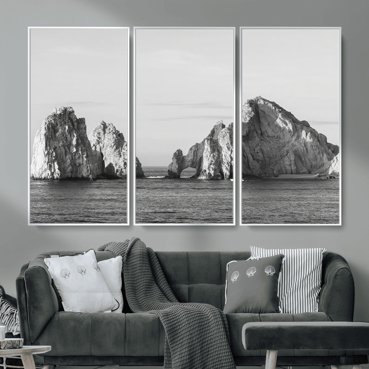 MGV-FC-48X32-3P - Rugged Coastline Wall Art Canvas Print, Framed Ocean Cliffs Art Picture Print, Monochrome Seascape Perfect Coastal Minimalist Decor Artwork