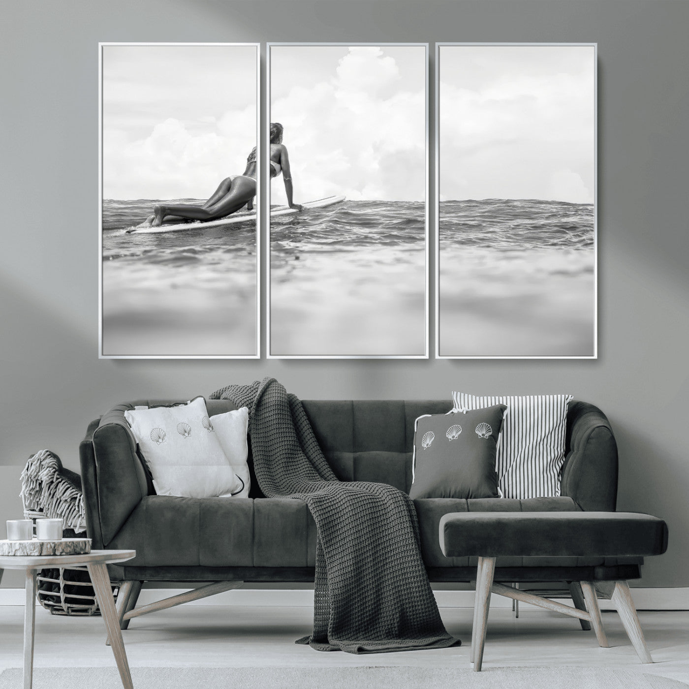 69798068-MGV-CV-36X24-Black and White Surfing Wall Art Canvas Print – Framed Ocean Horizon with Surfer Girl Coastal Adventure Artwork for Home, Office