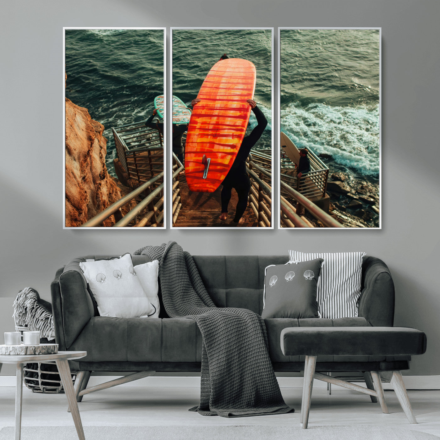 MGV-FC-48X32-3P - Surfer Stairway Wall Art Canvas Print, Framed Ocean Surf Art Picture Print, Sunset Coastal Perfect Coastal Adventure Decor Artwork