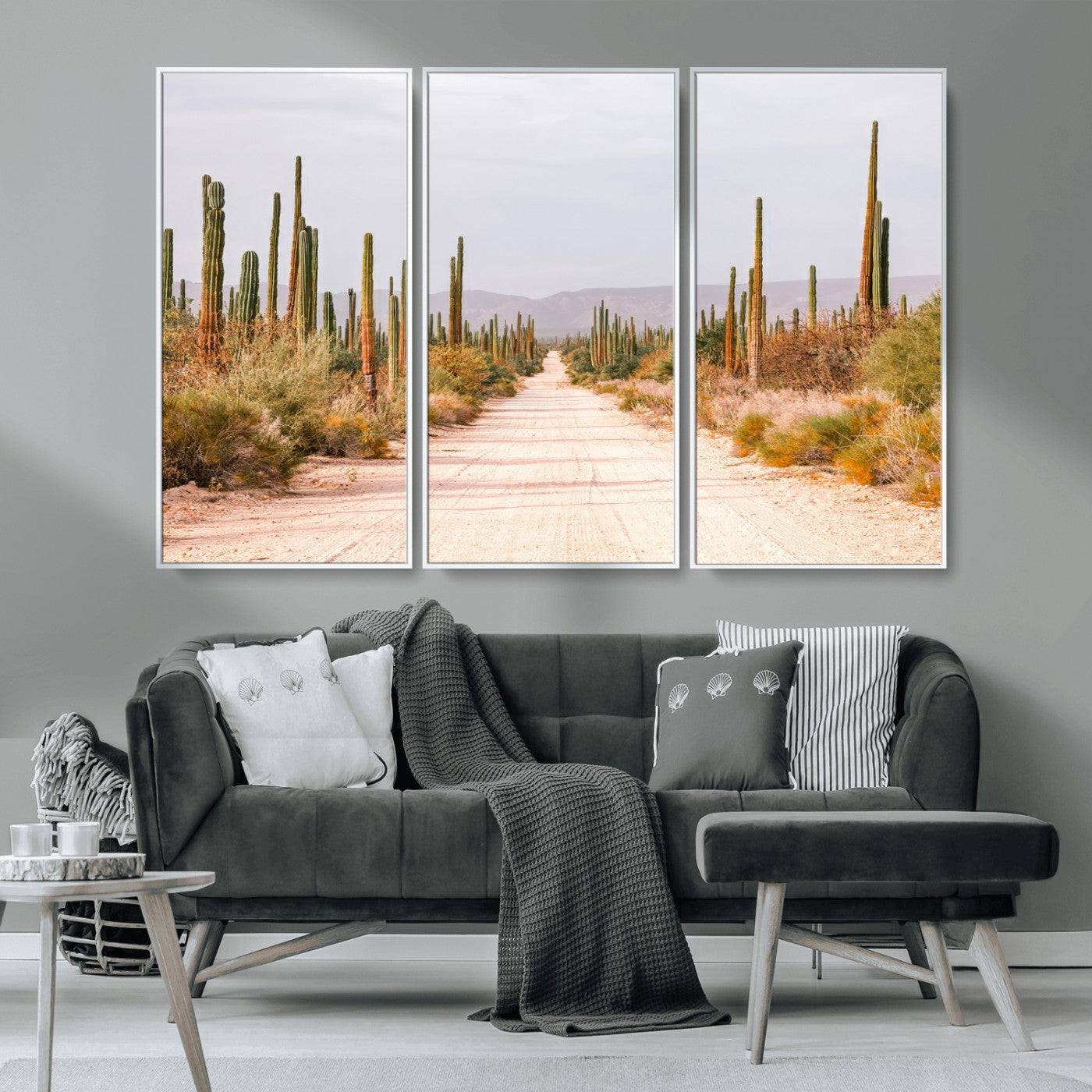MGV-FC-48X32-3P - Desert Cactus Lined Road Wall Art Canvas Print, Framed Southwestern Landscape Art Picture Print, Bohemian Western Aesthetic Perfect Southwestern Boho Decor Artwork