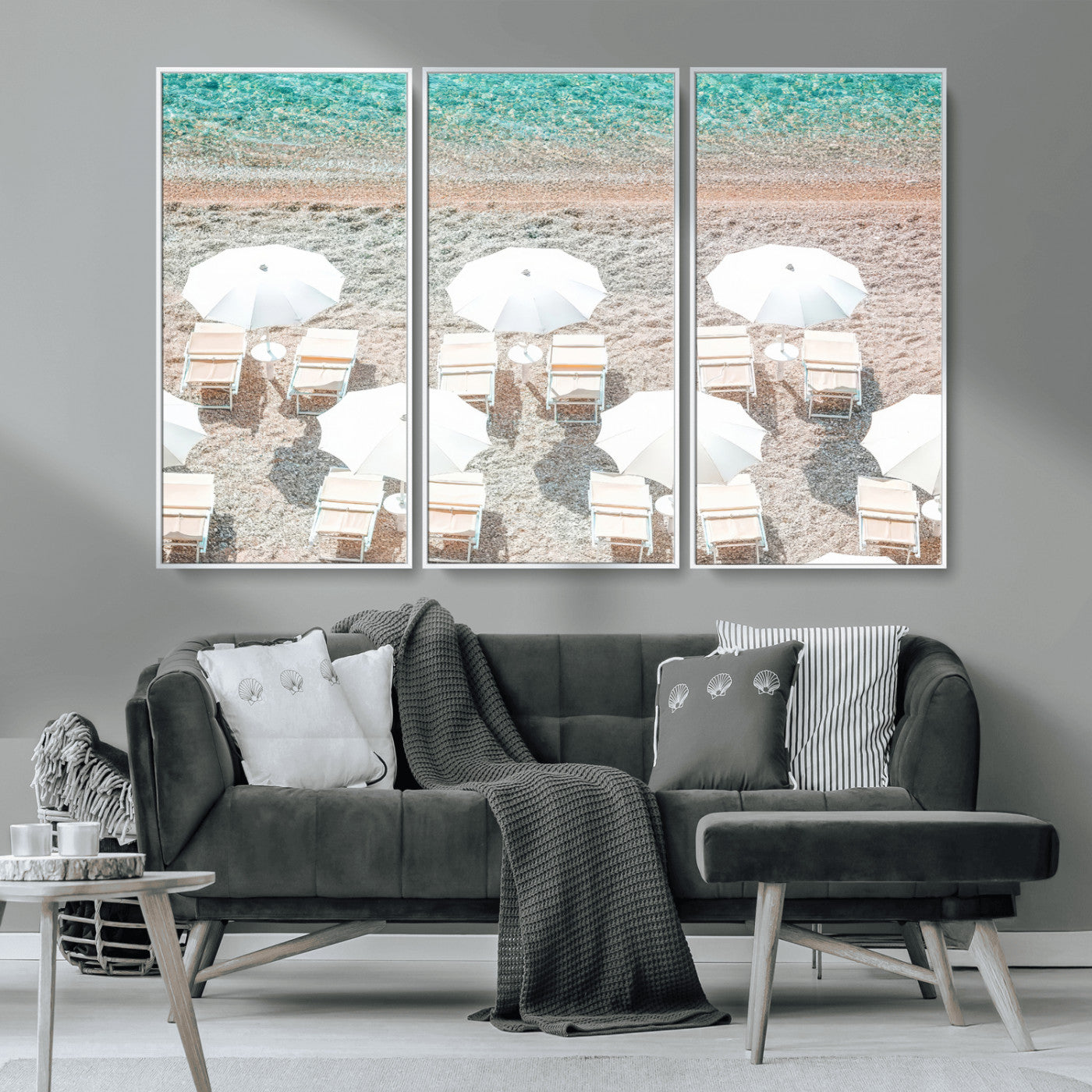 MGV-FC-48X32-3P - Calm Beach Wall Art Canvas Print, Framed Turquoise Water Art Picture Print, Umbrella Shoreline Perfect Coastal Minimalist Decor Artwork