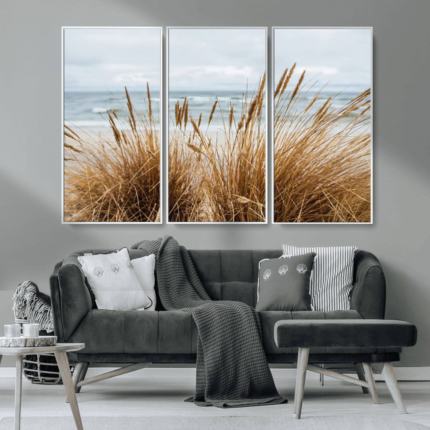 MGV-FC-48X32-3P - Beach Grass Wall Art Canvas Print, Framed Coastal Dunes Art Picture Print, Dune Grass Perfect Coastal Minimalist Decor Artwork